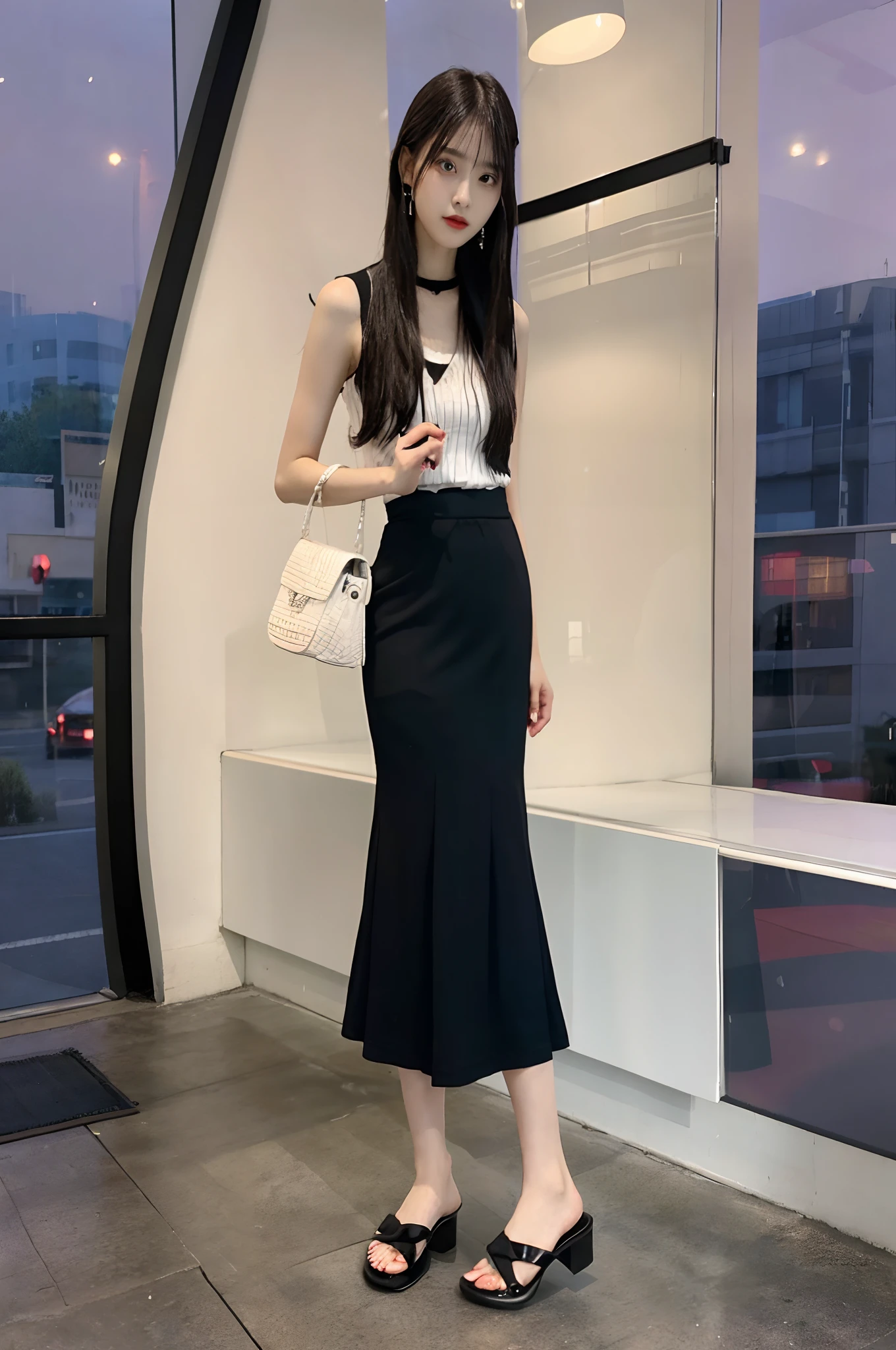 araffe woman in a black skirt and white shirt standing in front of a window, wearing black vest and skirt, dressed in long fluent skirt, high-waist-black-skirt, jia, with black, wearing a tanktop and skirt, tall thin beautiful goddess, long skirt, long dress, light half opened dress, selina, sleeveless, full length view