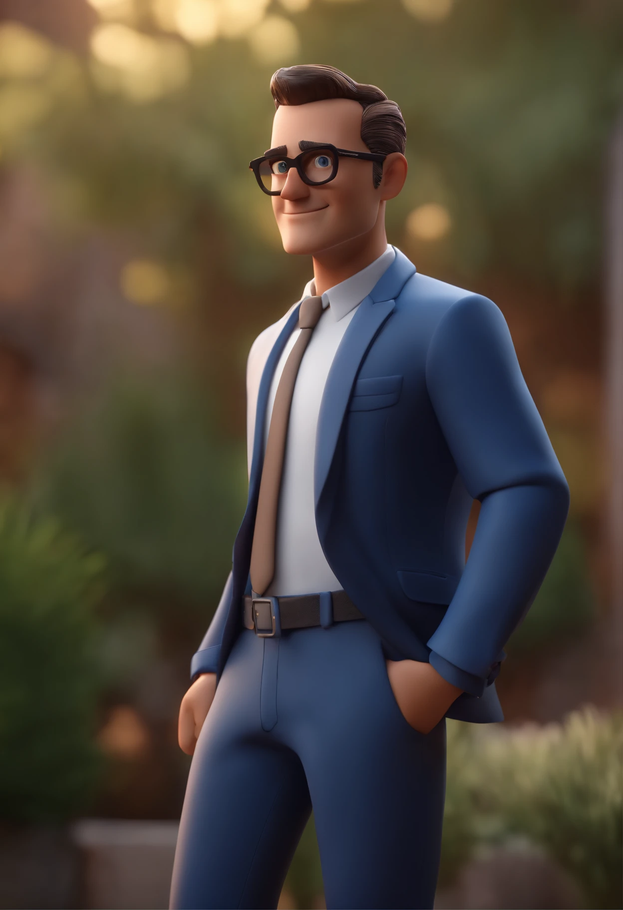 Cartoon character of a man wearing black glasses and a blue shirt, um personagem animado, Caractere estilizado, animation style rendering, 3D estilizado, Arnold Maya render, 3 d render stylized, toon render keyshot, Personagem 3D, Personagem 3D, 3d rendering stylized, 3 d character render, personagem de desenho animado, Personagem de close up, Pose de personagem, (Estilo Pixar) (master part:1.2) (Bokeh) (best quality) (pele detalhada) (textura detalhada) (8k) (argila) (Cinematic lighting) (foco nítido，Senta e vaza a parte superior do corpo