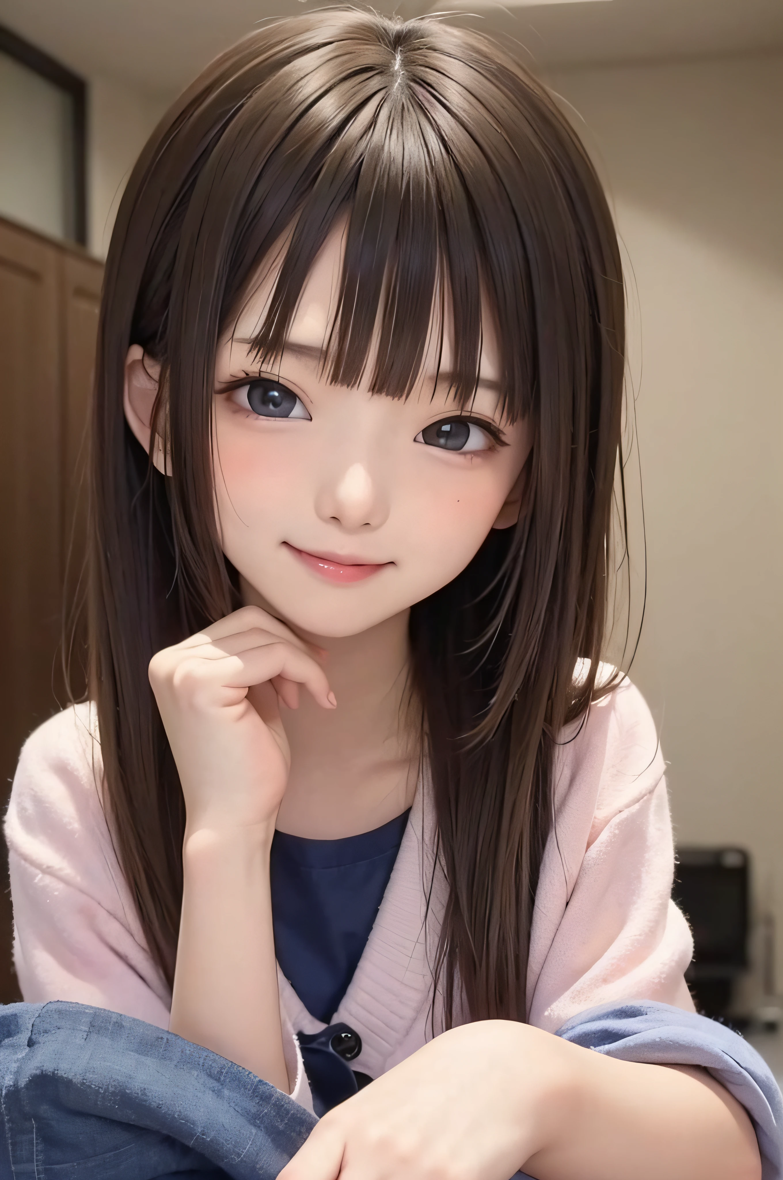 18year old、a smile、brown haired、beautidful eyes、real looking skin、hi-school girl、Bright illustration、small tits、(8K、​masterpiece)、(reallistic、Photorealsitic)、top-quality、ighly detailed、The ultra-detailliert、Beautie、cute little、japanes、Idol