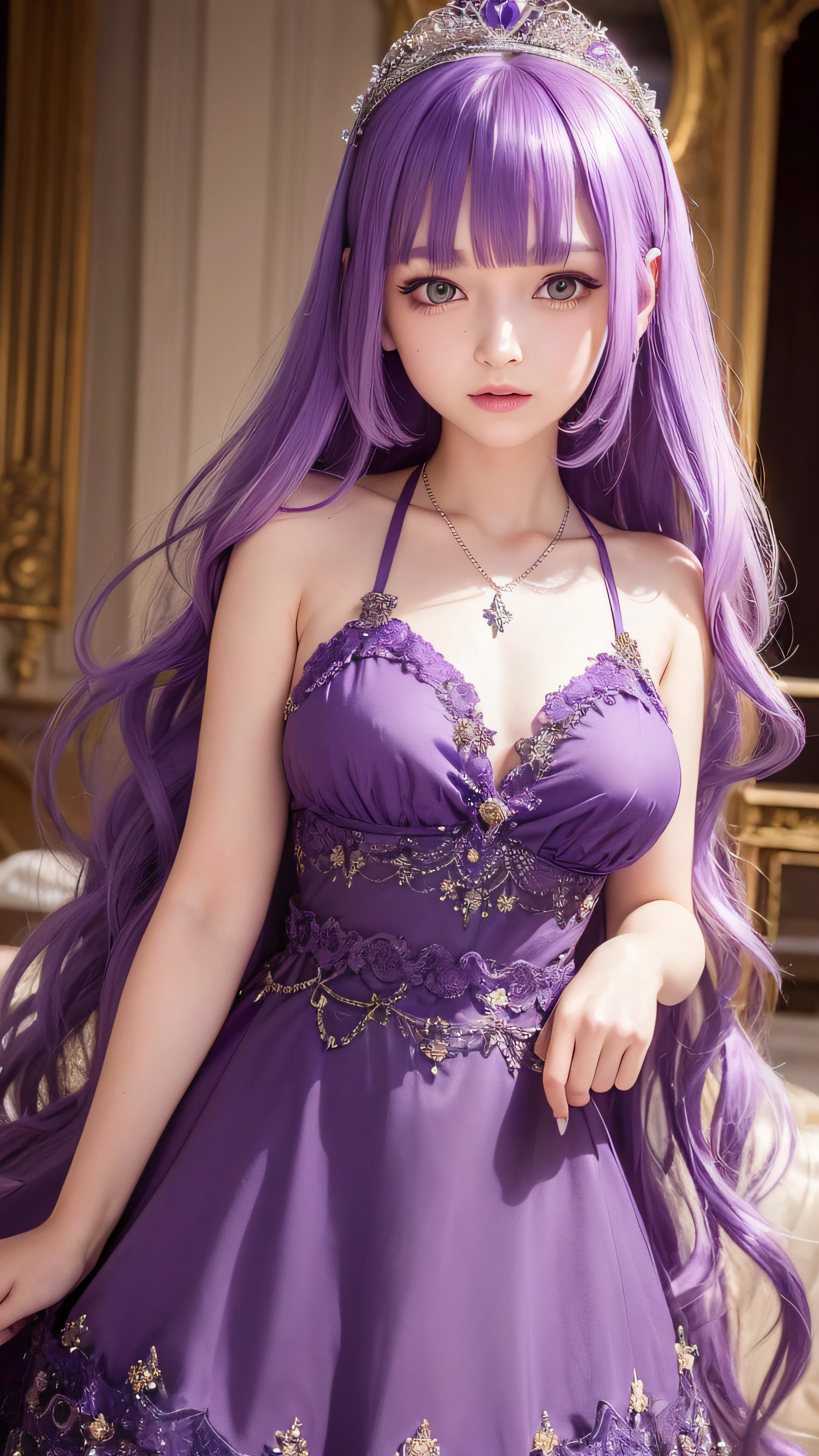 4K ulta hd, masterpiece, 1 girl, good face, very long hair, hair ornament, light makeup, detailed eyes, small round breast, ultra detailed clothes, (purple princess dress:1.5), lace:1.5, (shining dress:1.8), strap dress, necklace, jewellery, amazing balcony background,