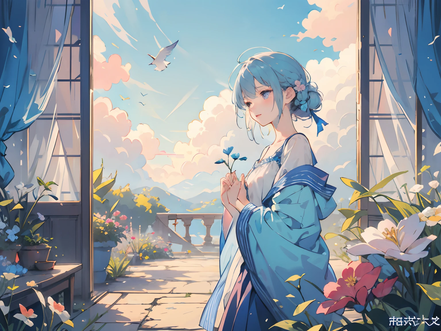 (best quality,illustration,masterpiece:1.2,high-res:1.1),illustration,1girl,cute girl,floral,cloud,bird,flowers in herhair,peaceful scene,soft sunlight,harmonious colors,vibrant atmosphere,dreamy,vivid details,gentle breeze,fairytale-like,delicate lines,pastel colors,serene,vibrant blue sky,serene expression,beautiful landscape,serenity,harmony,blissful,garden scenery,pleasant,magical,tranquil,charming,whimsical