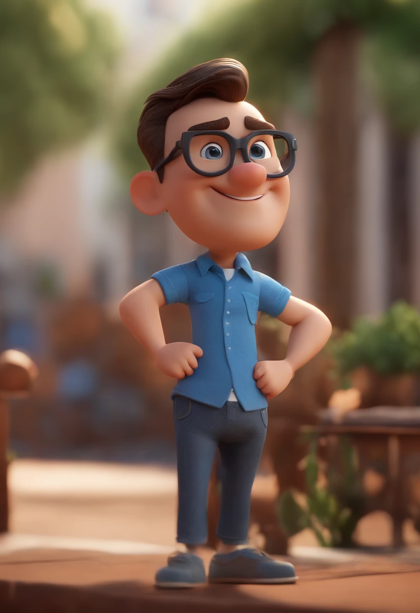 Cartoon character of a man wearing black glasses and a blue shirt, um personagem animado, Caractere estilizado, animation style rendering, 3D estilizado, Arnold Maya render, 3 d render stylized, toon render keyshot, Personagem 3D, Personagem 3D, 3d rendering stylized, 3 d character render, personagem de desenho animado, Personagem de close up, Pose de personagem, (Estilo Pixar) (master part:1.2) (Bokeh) (best quality) (pele detalhada) (textura detalhada) (8k) (argila) (Cinematic lighting) (foco nítido，Senta e vaza a parte superior do corpo