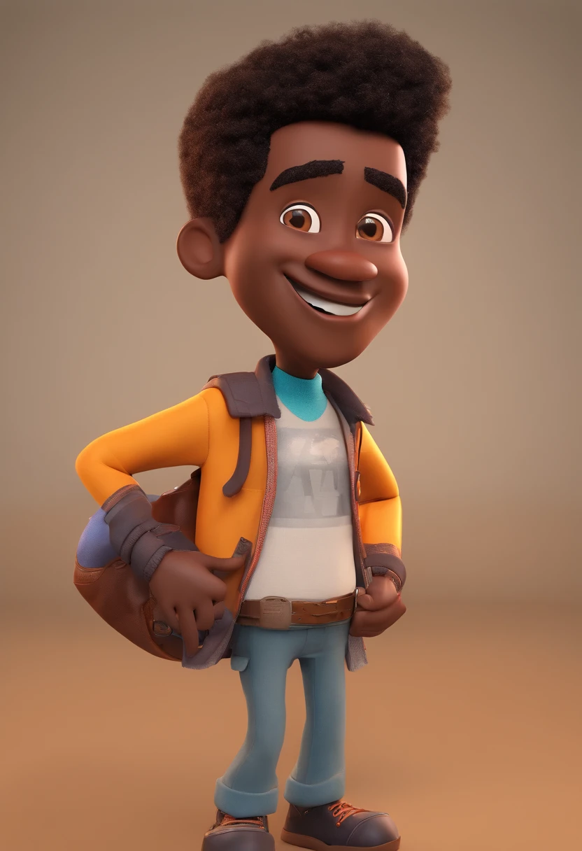 Estilo Pixar: Brown Eyes Man combone on head 18 years old , africano, com cabelo curto , preto, camiseta preta