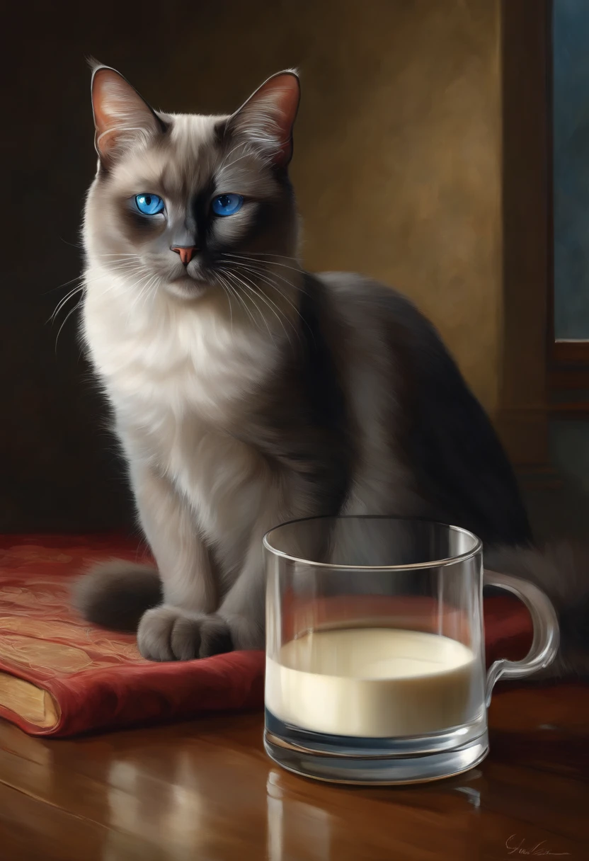 A cat sat next to a glass of milk, cat drinking milk, Illustration of a Siamese cat with a red tip, Blue-gray eyes, Ultra-realistic illustrations, Ultra-realistic illustrations, hypperrealistic illustration, catss. Realistic painting, Authors：by Wayne England, realistic illustration, Ultra-realistic illustrations, sportrait, Close portrait, Award-winning surrealism, Authors：Lisa Milroy, supervision: Galen Dara