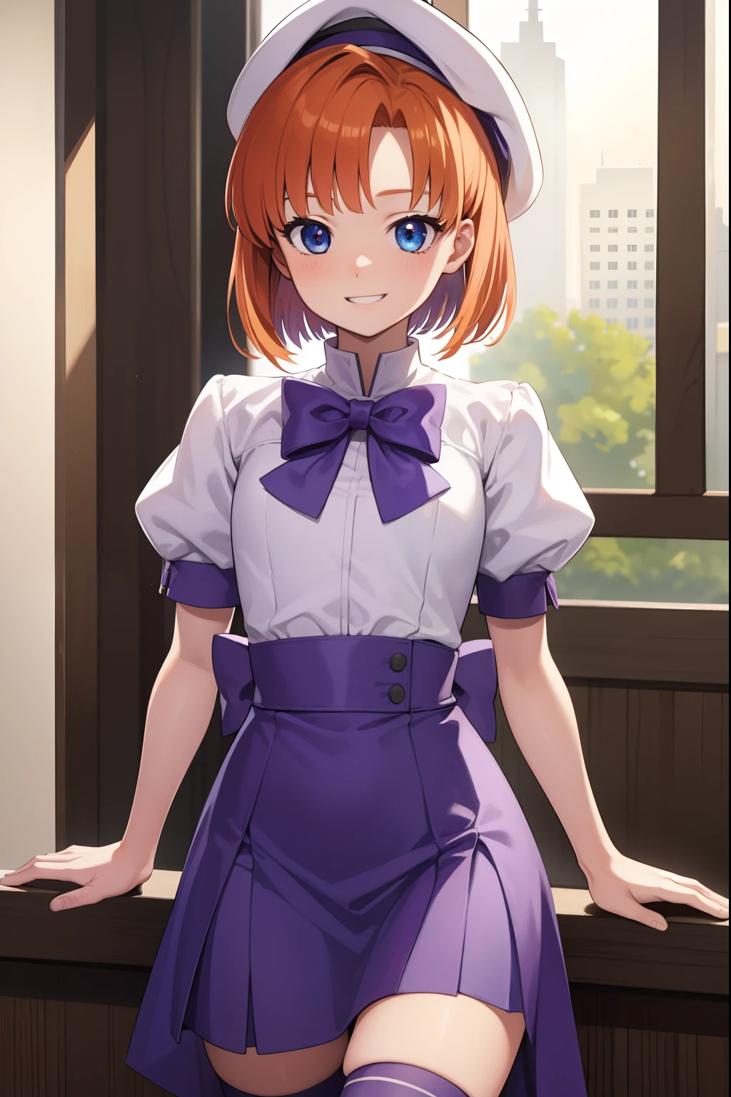 renaryuuguu, Pure Ryuuguu, orange hair, Short hair, blue eyes, Smile, grin,
Takes a break, black thighs, bow, bowtie, Dress, hat, puffy short sleeves, puffy sleeves, purple bow, purple bowtie, short sleeves, thights, thights, whitedress, zettai ryouiki, (little chest:1.2)
BREAK looks at the viewer,
BREAKTHROUGH Indoors
BREAK (Masterpiece:1.2), Best Quality, High Resolution, Unity 8k壁纸, (illustartion:0.8), (beautiful detail eyes:1.6), extremely detailed face, perfect  lighting, extremely detailed CGI, (perfect arms, perfect anatomy),