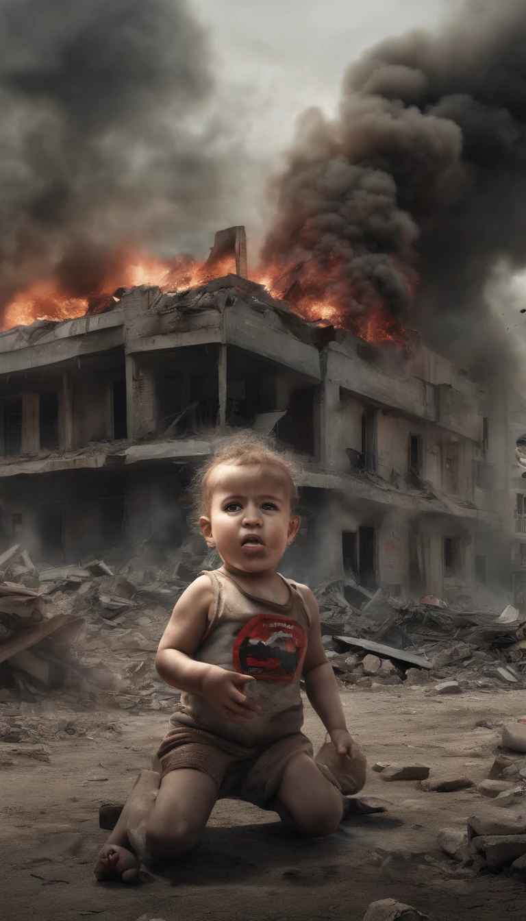 A surreal depiction of a little baby girl, Sit sadly, in pain, there is steel tank with israel logo, (eyes shedding tears, The face is focused on the camera), A sense of disorder, a Palestinian, Curly hair, Dusty face and fabric, (A city in the background is destroyed by fire, Human body on the ground, Some people are crying, Demolished buildings), Ultra-detailed, Vibrant colors, Black and gray shades, Highly emotional imagery, Surrounded by swirling red smoke against a dark and haunting backdrop. (holding palestine flag, palestina flag)