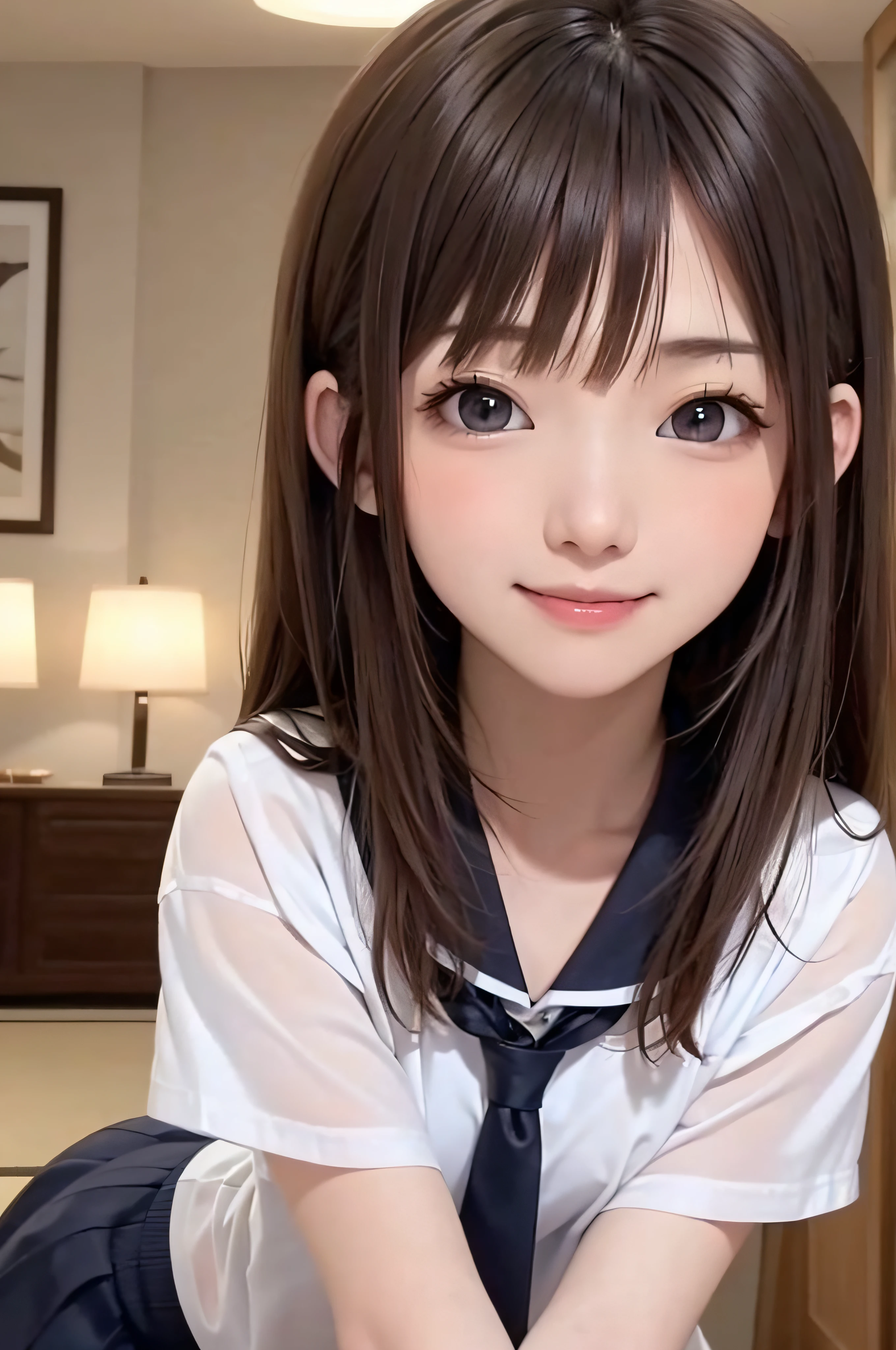 18year old、a smile、brown haired、beautidful eyes、real looking skin、hi-school girl、Bright illustration、small tits、(8K、masterpiece)、(reallistic、Photorealsitic)、top-quality、ighly detailed、The ultra-detailliert、Beautie、cute little、japanes、Idol