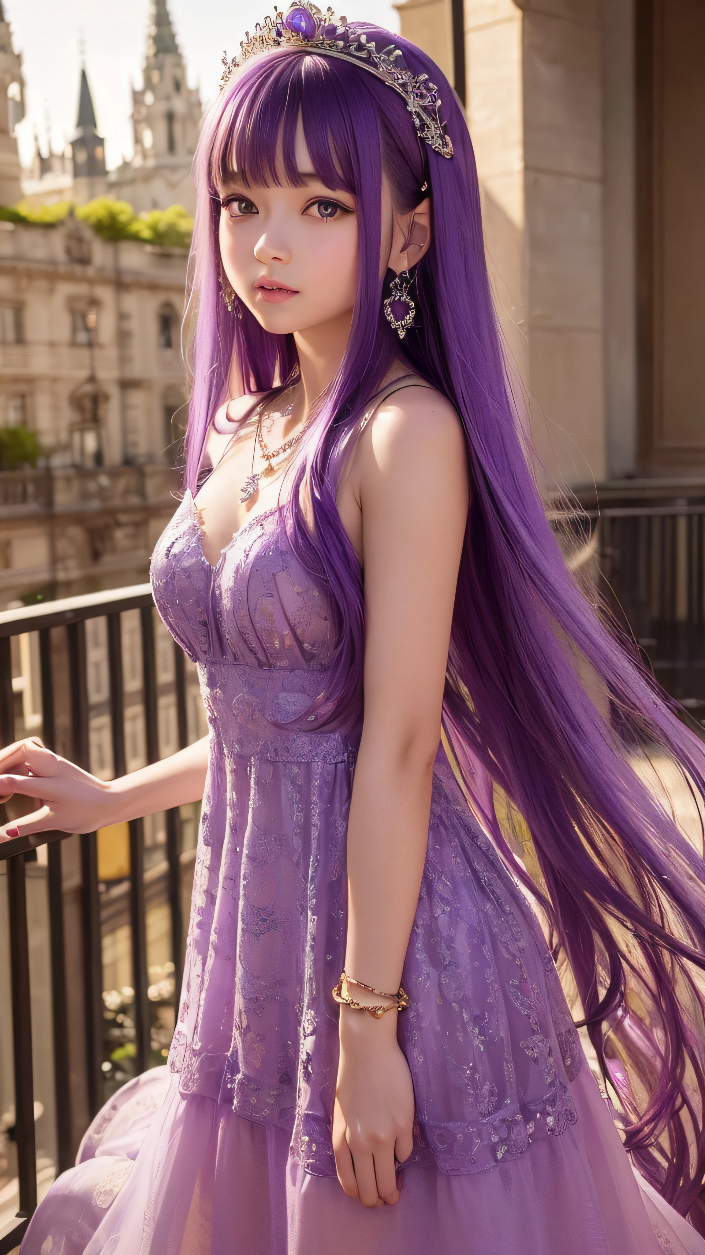 4K ulta hd, masterpiece, 1 girl, good face, very long hair, hair ornament, light makeup, detailed eyes, small round breast, ultra detailed clothes, (purple princess dress:1.5), lace:1.5, (shining dress:1.8), strap dress, necklace, jewellery, amazing balcony background, sitting,
