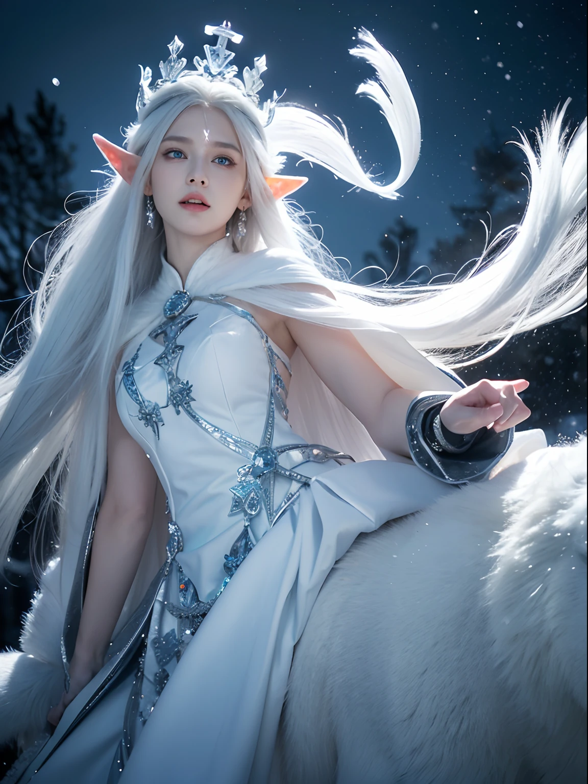 (( Elf girl with long white hair, blue eyes, good shape, long white dress, cape, ice crown, ice earrings )), (( Riding on the back of a thick, huge, white-haired wolf. Very wild. Split fangs, demons. )), full body image, Look at the camera., Front camera angle: Wild, Cold Weather, snow, snowfall, Snow droplets, Snow in the air, cinematic scene, fantasy, mythology, decoration, diffused lighting