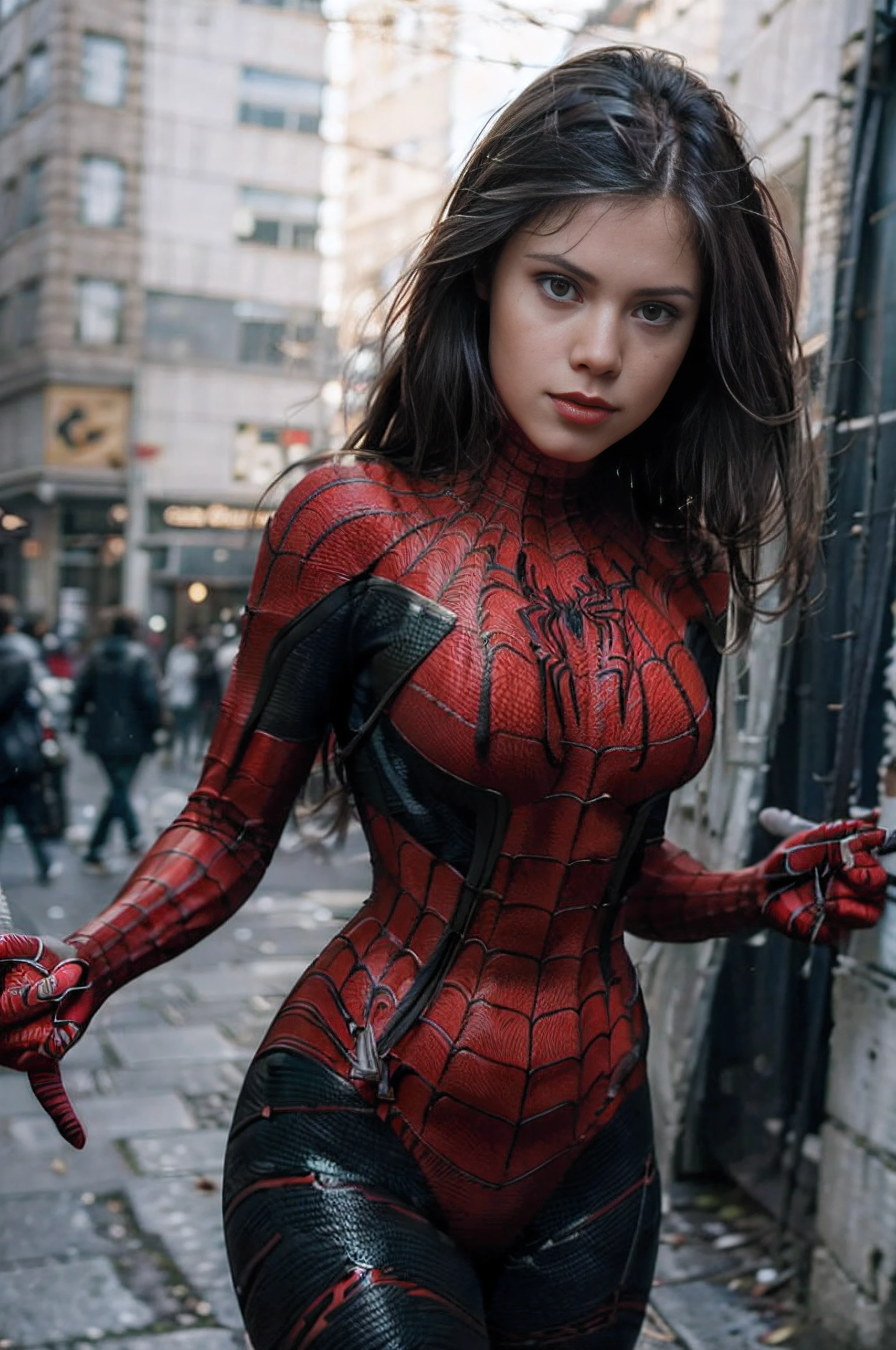 Foto hiperrealista en primer plano de Demi Lovato  Wearing a high-quality Spider man suit,  on the city street,, masterpiece, best quality, (photorealistic:1.4), full body, cinematic light, beautiful woman, skinny, large big breasts, black long hair, detailed face, smile, facing the camera, photo taken from a distance, age of 25 years old