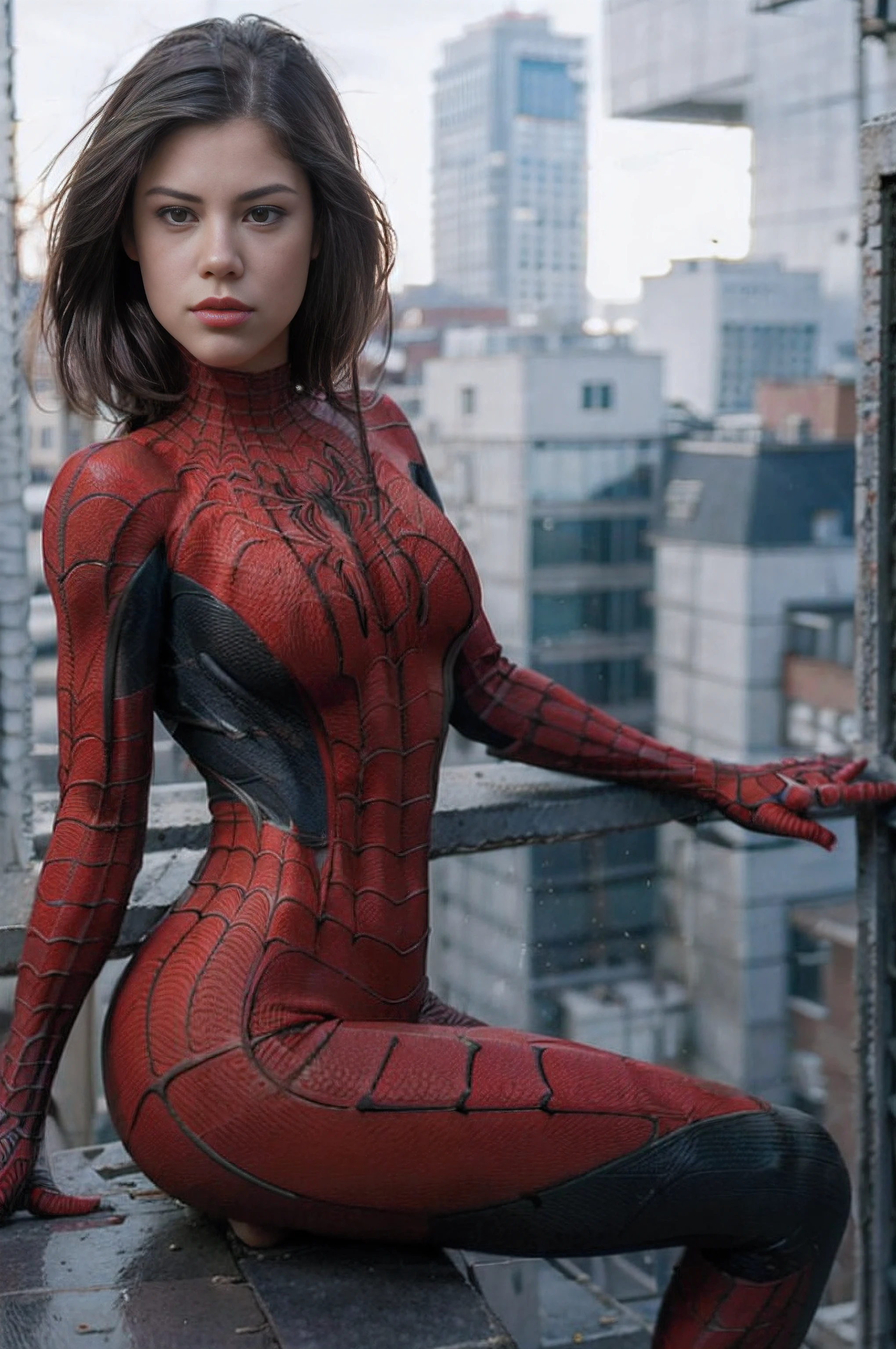 4K, realista, charismatic, muy detallada, little_caprice en la cima de la ciudad, con traje de Spiderman, She's a Spider-Man, SpidermanClasic female, cabello largo blanco, 25-years old, cuerpo completo