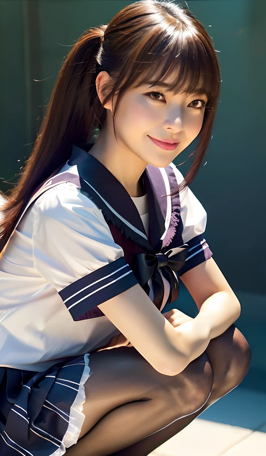 1 girl、​masterpiece、beautiful  lighting、Detailed beautiful face、Detailed beautiful eyes、hight resolution、Ultra-fine illustration、extremely delicate and beautiful、top-quality、The whole body is shown、Feet first、(A MILF:1.2), ((Squatting:1.5)),Open knees、独奏, 30s,de pele branca, (silber hair, Blunt bangs ,poneyTail,Red Eyes),, Curvaceous, (shinny hair, shinny eyes, shinny skin), Laugh, A smile, (glistning skin:1.2), 、thighs thighs thighs thighs、((crouching down、Open legs))、front facing、((Sailor Clothing)),Pichi Pichi clothes、ratex、Short skirt、校服、The navel is visible、pelvis curtain、Armpits、A smile、black thighhighs、Watch your audience、under the boobs、blushed、perspiring、Jeweled、thick thight、Parting lips、pantyhose、Blushing cheeks、tiptoes、lowfers