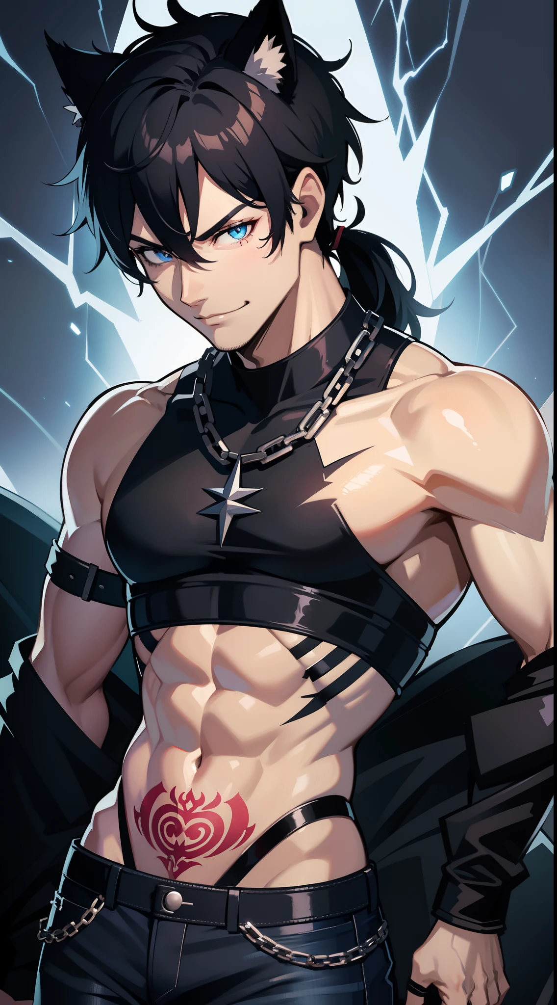 Grown-up guy, short black hair with blue strands, high ponytail, cat ears, blue eyes, musculature, smirk, black tank top, jeans, chains, silver elements, tattoo, scars, blue flame, lightning, Masterpiece, hiquality, 4k, HD, Good detail