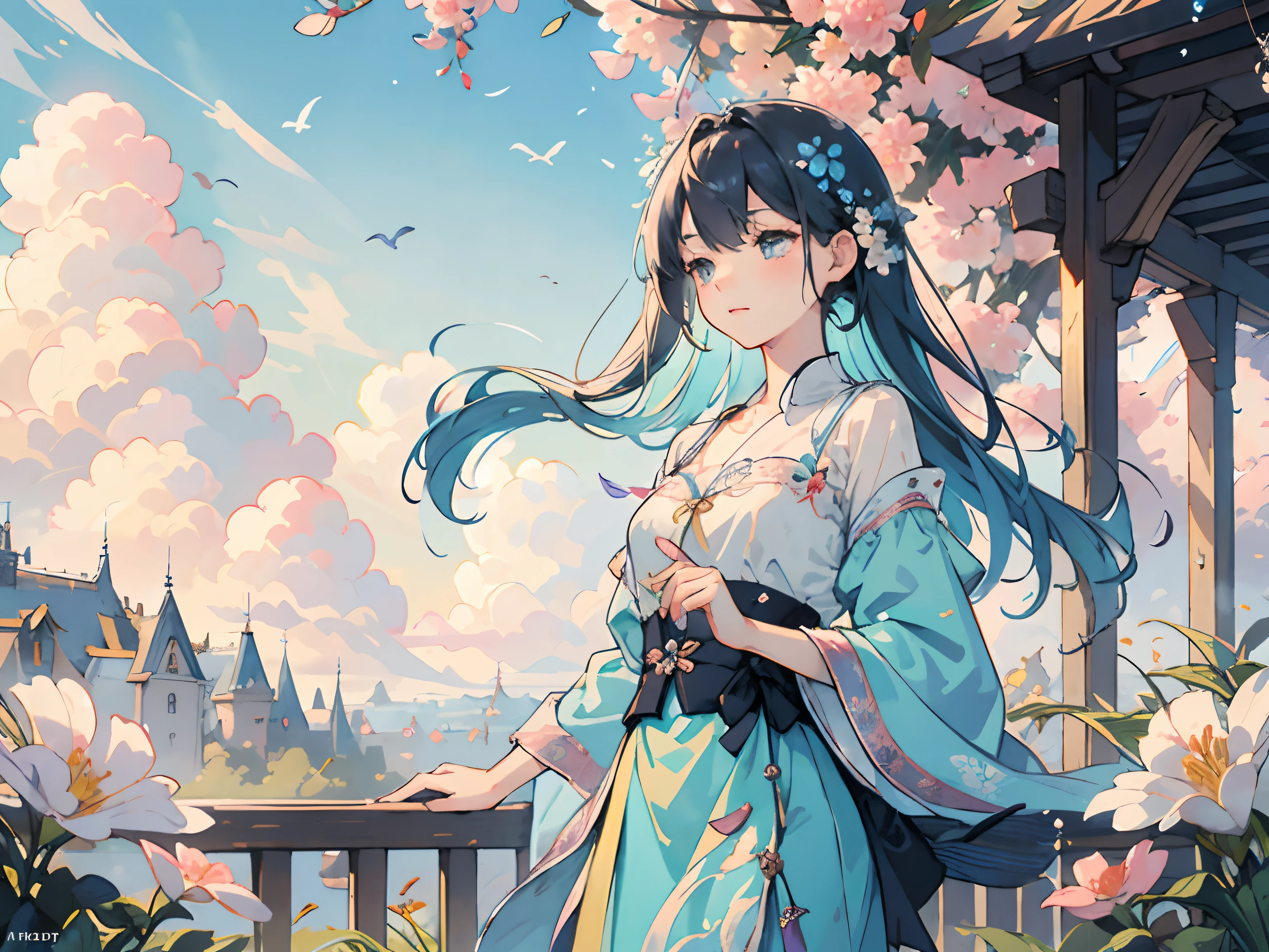 (best quality,illustration,masterpiece:1.2,high-res:1.1),illustration,1girl,cute girl,floral,cloud,bird,flowers in herhair,peaceful scene,soft sunlight,harmonious colors,vibrant atmosphere,dreamy,vivid details,gentle breeze,fairytale-like,delicate lines,pastel colors,serene,vibrant blue sky,serene expression,beautiful landscape,serenity,harmony,blissful,garden scenery,pleasant,magical,tranquil,charming,whimsical