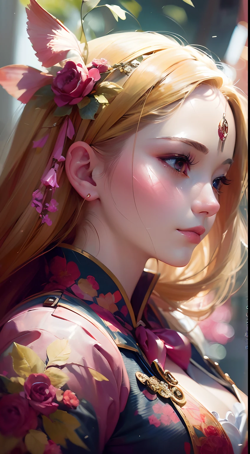 a close up of a woman with blonde hair in a pink and red dress, chengwei pan on artstation, by Yang J, detailed fantasy art, stunning character art, fanart best artstation, epic exquisite character art, beautiful armor, extremely detailed artgerm, detailed digital anime art, artgerm on artstation pixiv, armor girl