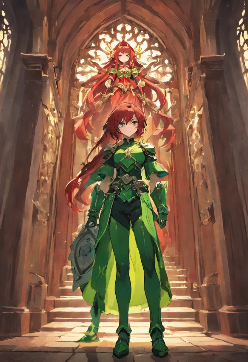 Man in green armor and scarlet haired woman standing in the courtyard of a castle