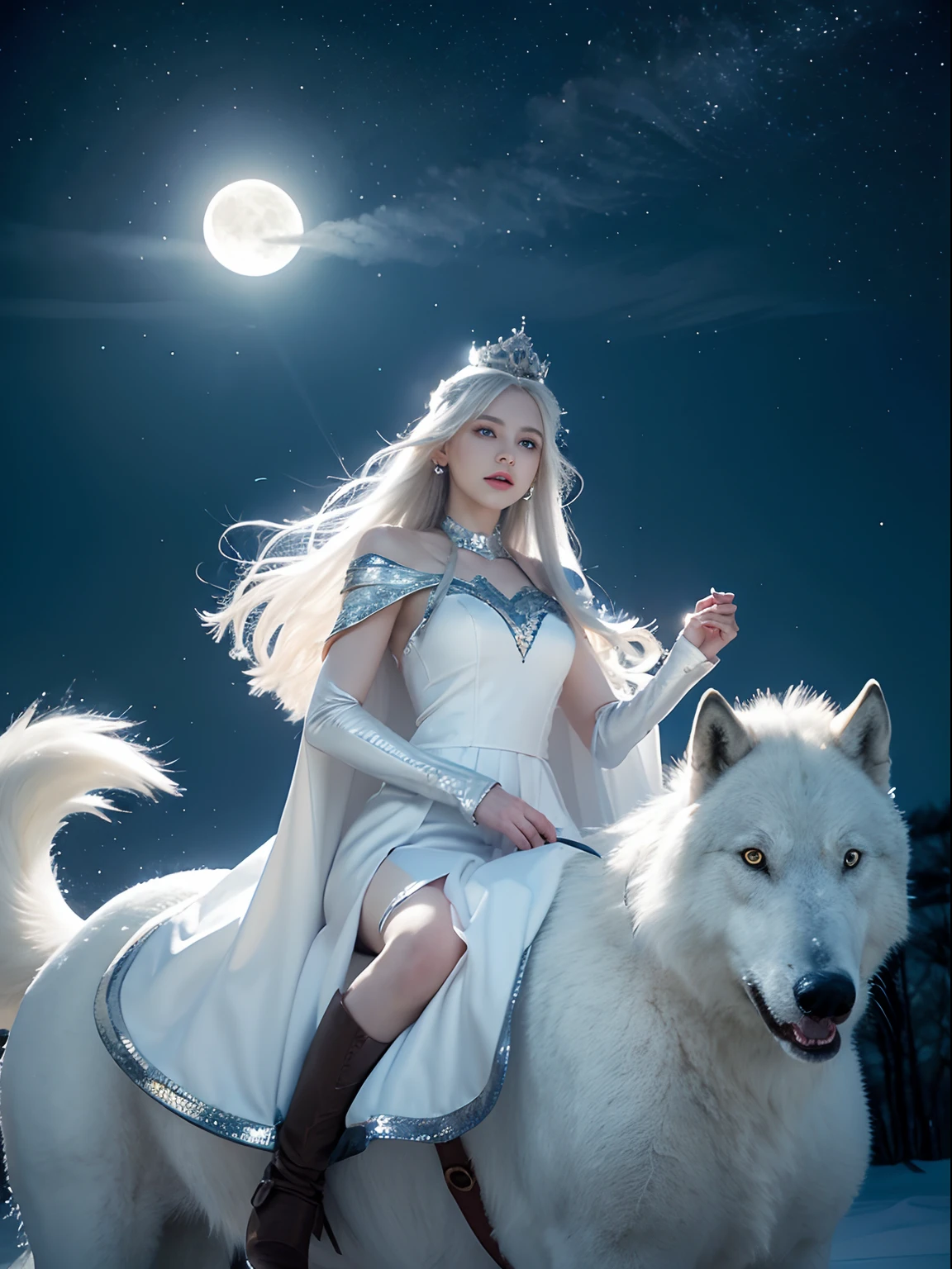 (( Elf girl with long white hair, blue eyes, good shape, long white dress, cape, ice crown, ice earrings, holding a long white star in hand. )), (( Riding on the back of a large thick white-haired wolf Fierce, grandiose. )), full body image, Look at the camera., Front camera angle: Wild, Cold Weather, snow, snowfall, Snow droplets, Snow in the air, cinematic scene, fantasy, mythology, decoration, diffused lighting, moon light, moon,