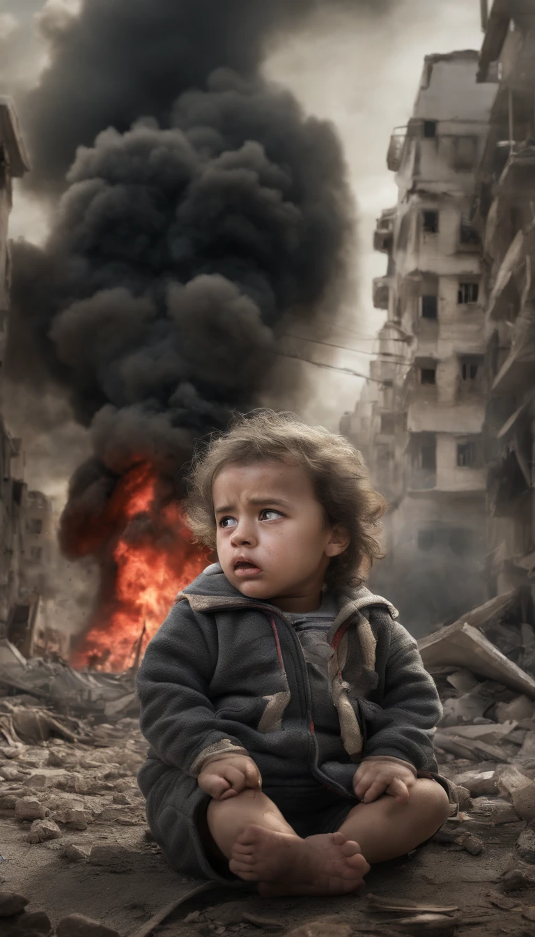 A surreal depiction of a , Sit sadly, in pain, there is steel tank with israel logo, (eyes shedding tears, The face is focused on the camera), A sense of disorder, a Palestinian, Curly hair, Dusty face and fabric, (A city in the background is destroyed by fire, Human body on the ground, Some people are crying, Demolished buildings), Ultra-detailed, Vibrant colors, Black and gray shades, Highly emotional imagery, Surrounded by swirling red smoke against a dark and haunting backdrop. (holding palestine flag, palestina flag)