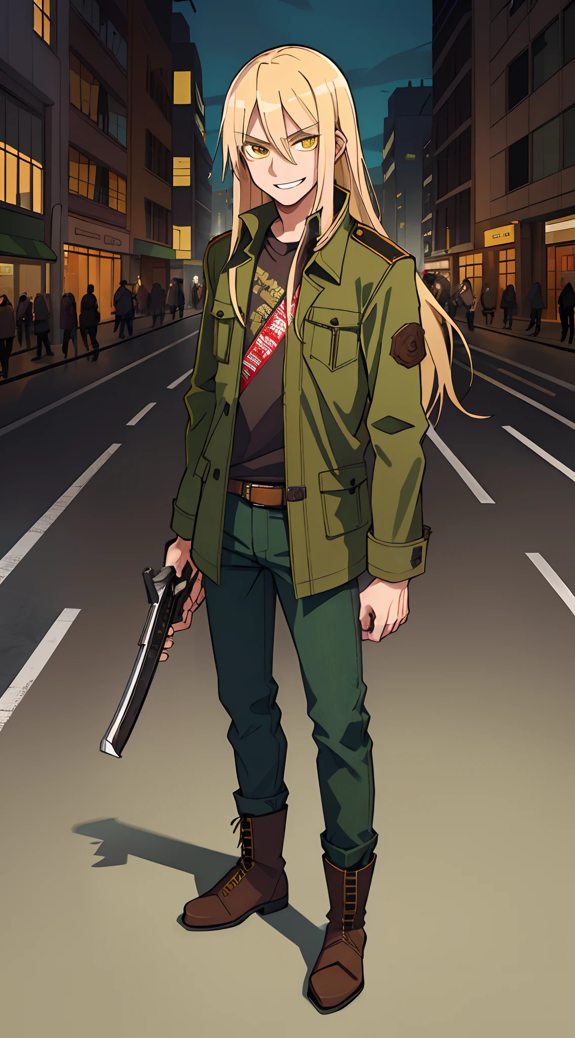 25 year old man, sharp yellow eyes, long straight blonde hair down to the floor, carrying a gun in his left hand, and a katana in his right hand, long dark green jacket, Levis pants, brown boots, in the middle of the city, with a smile scary