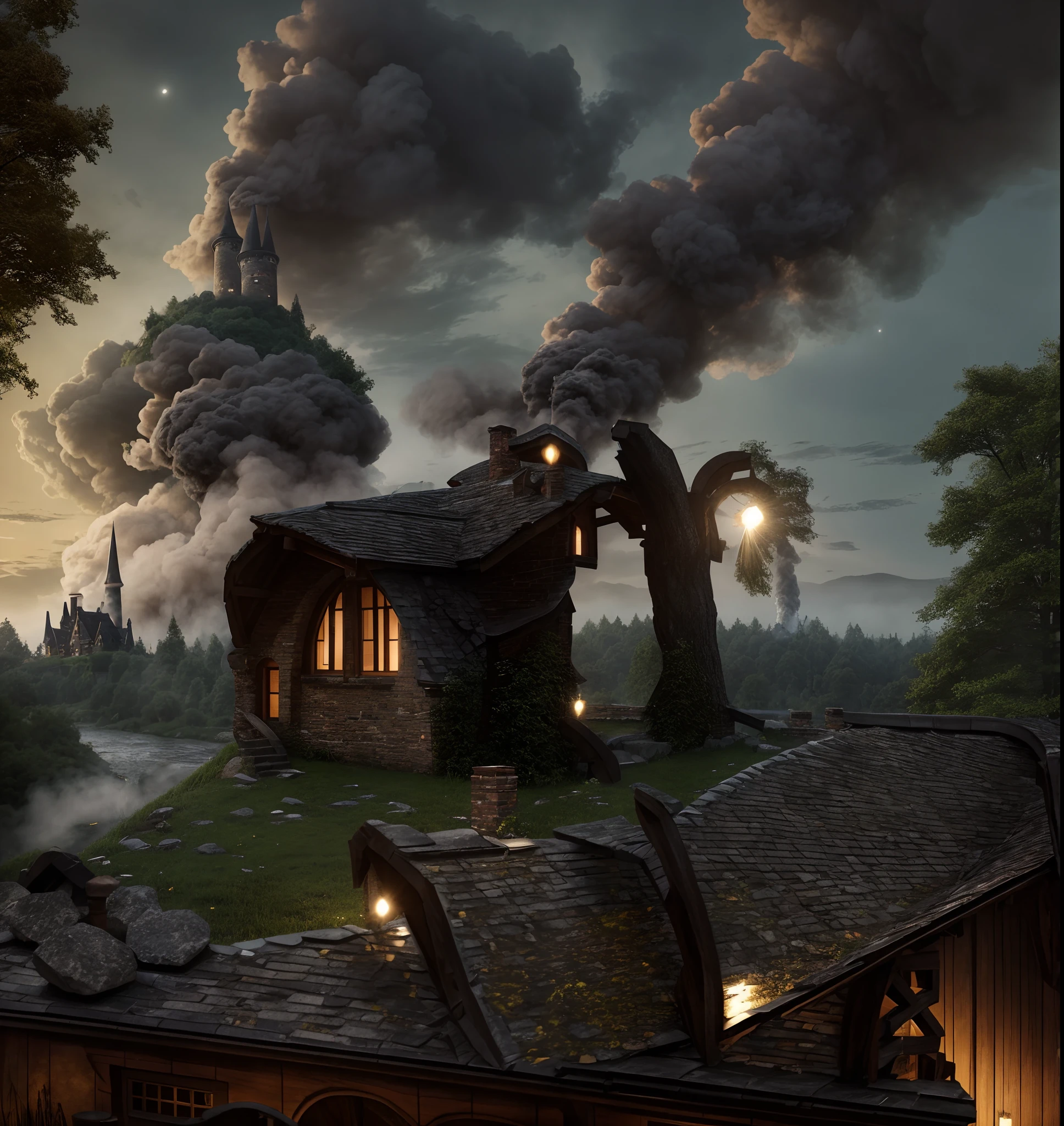 Exterior, house in the forest, roof, fairy tale style, river, bridge across the river, chimney on the roof, smoke rising from the chimney, brick material, stone wall, in the forest old, many cars, many trees, night light, deserted clouds, 8k, vray images