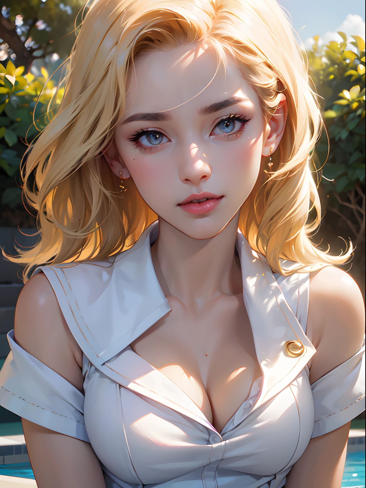 (((upper body closeup))), (Large breasts), (((cleavage))), ((Smooth texture, Realistic texture, Photorealistic)), Detailed beautiful eyes, Beautiful eyelashes, emerald eyes, Blonde medium hair, extremely detailed CG unified 8k wallpaper, very fine 8KCG wallpaper, (masterpiece, Best Quality), High resolution, Ultra-detailed, ultra-sharp, 1 Lady, at poolside, ((( Light white sailor shirt, Sleeveless, Open front))), (Beautiful face, Cute face, Detailed face), (((Sunny))), Perfect Eyes Eyes