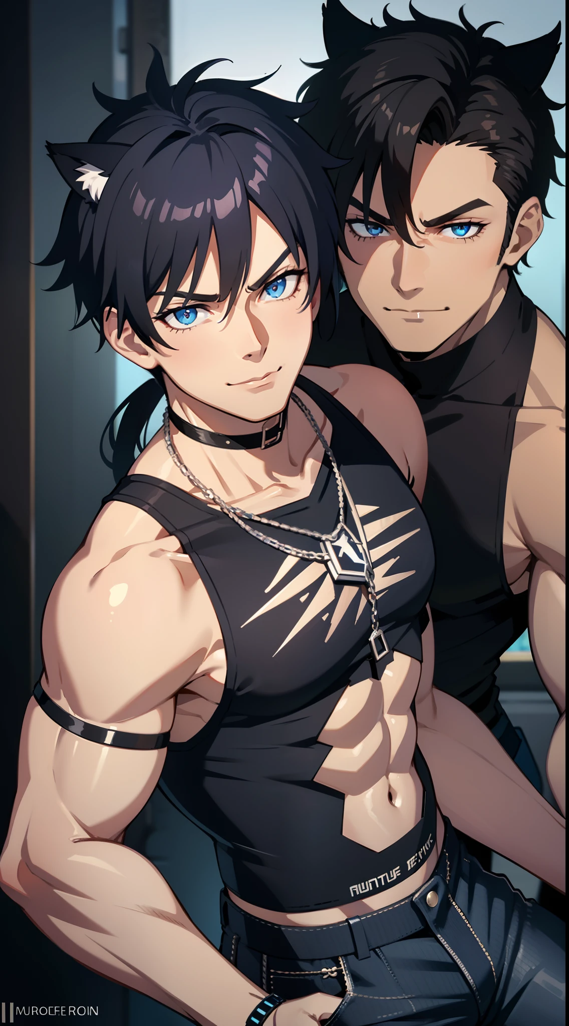 Grown-up guy, short black hair with blue strands, high ponytail, cat ears, blue eyes, musculature, smirk, black tank top, jeans, chains, silver elements, tattoo, scars, blue flame, lightning, Masterpiece, hiquality, 4k, HD, Good detail