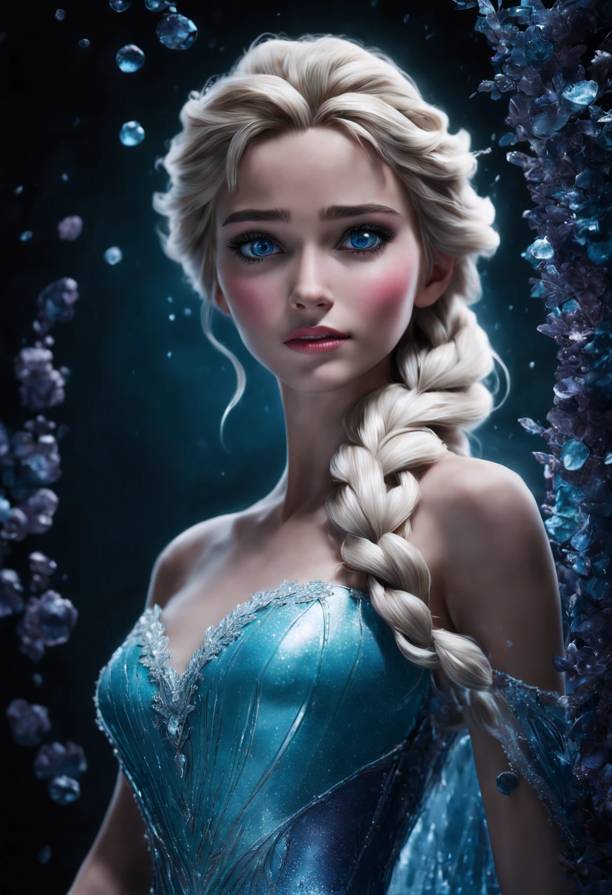 High Detail, 8k, HQ, (Best Quality: 1.5, Hyper Realistic: 1.5, Photo Realistic: 1.4, Incredibly Detailed CG Unity 8k Wallpaper: 1.5, Masterpiece: 1.3, Incredibly Detailed Photo: 1.2), Elsa from Disney's Frozen, a burst of tangy aqua cascades, entwining with viscous allure, a figure emerges from the shadows, in a neo-expressionist masterpiece of blueberry syrup's embrace, masterpiece, best quality, (intricate details), dreamy, perfect eyes, dark pupils, magnificent, ethereal, volumetric lighting, ((cinematic)), raytracing, subsurface scattering, (face focus:1.5),