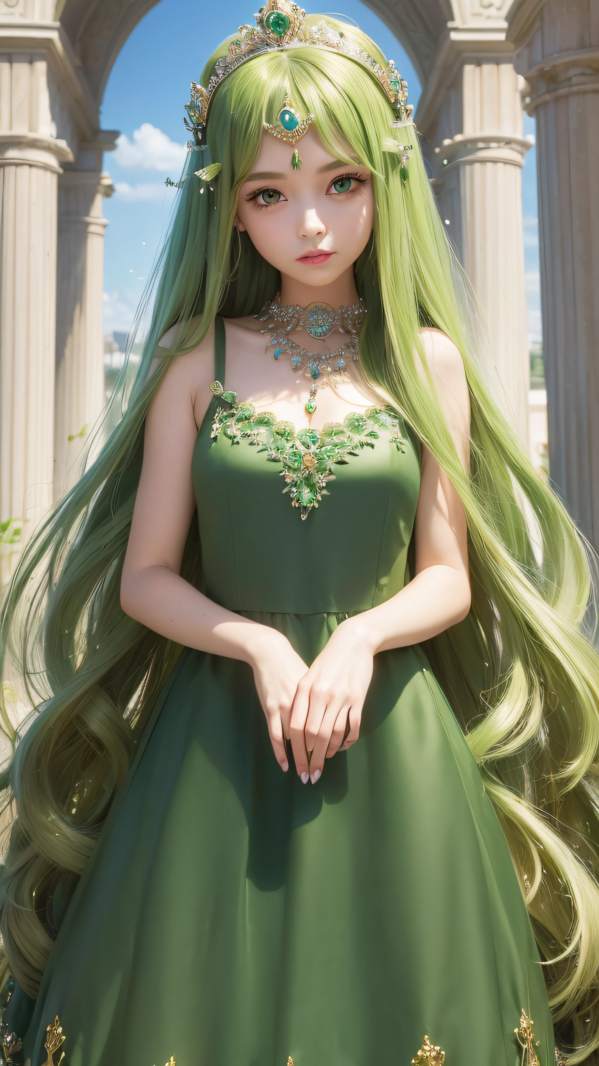 4K ulta hd, masterpiece, 1 girl, good face, very long hair, hair ornament, light makeup, detailed eyes, small round breast, ultra detailed clothes, (green princess dress:1.5), lace:1.5, (shining dress:1.8), strap dress, necklace, jewellery, amazing balcony background,