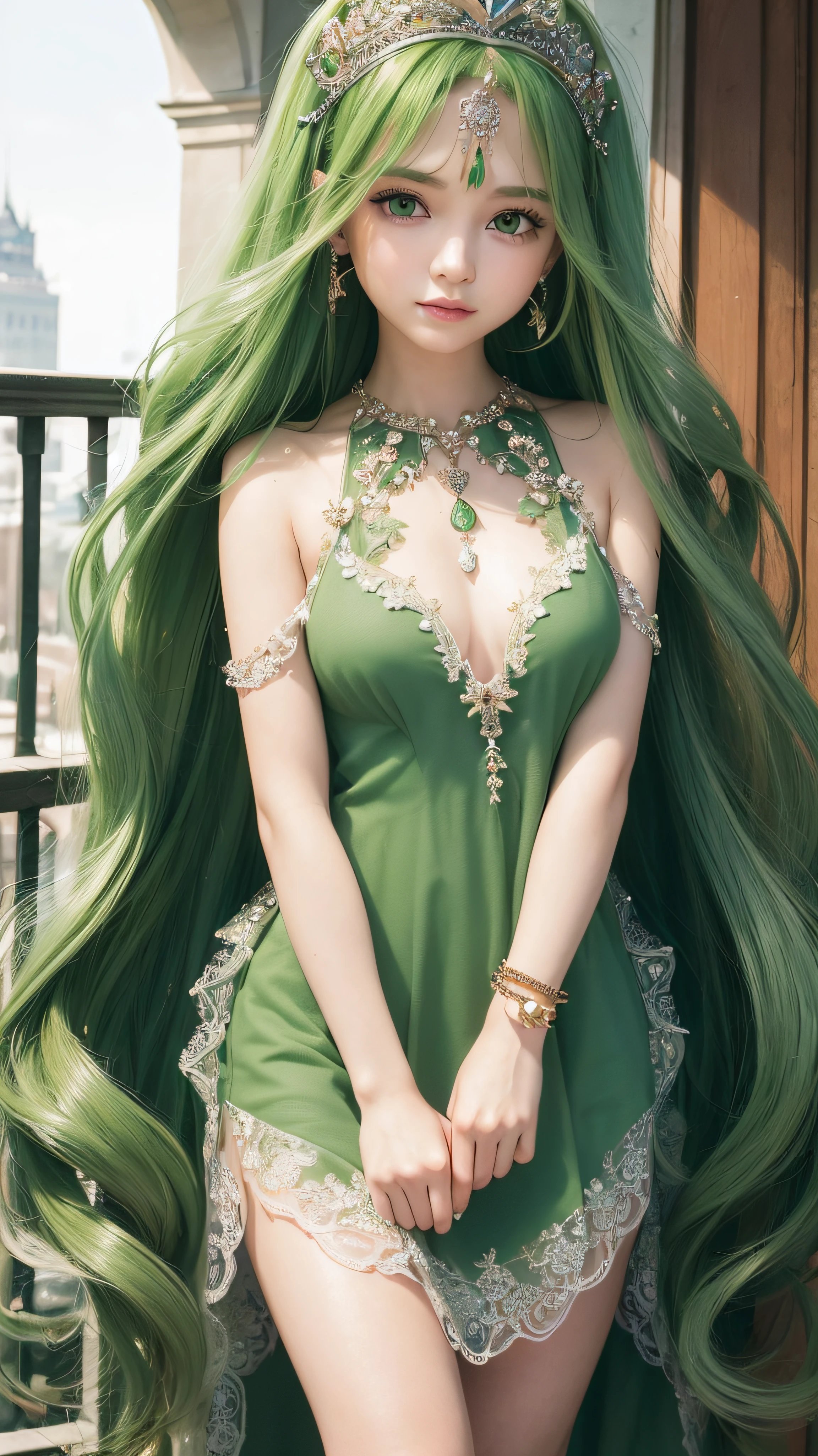 4K ulta hd, masterpiece, 1 girl, good face, very long hair, hair ornament, light makeup, detailed eyes, small round breast, ultra detailed clothes,  (green princess dress:1.5), lace:1.5, (shining dress:1.8), strap dress, necklace, jewellery, amazing balcony background,