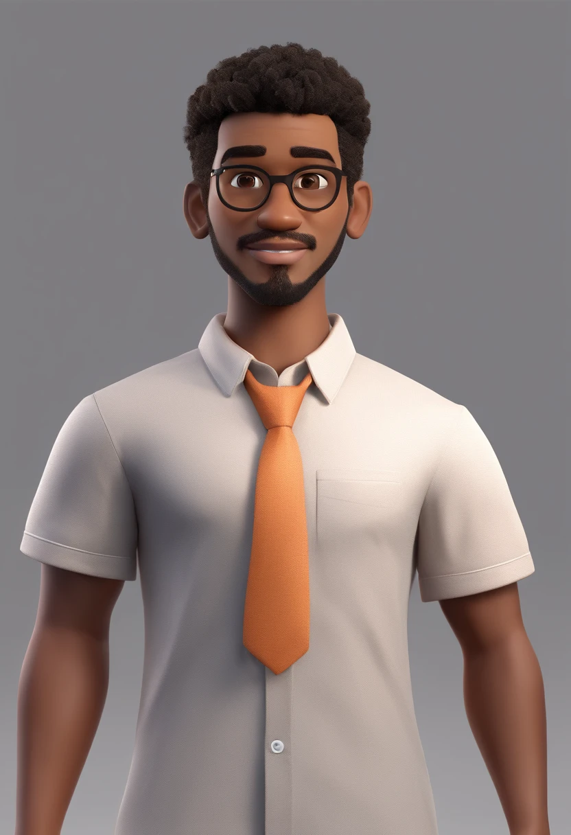Estilo Pixar: 19 year old man combone on head with a small short dark brown goatee, africano , com cabelo curto, preto, camiseta preta