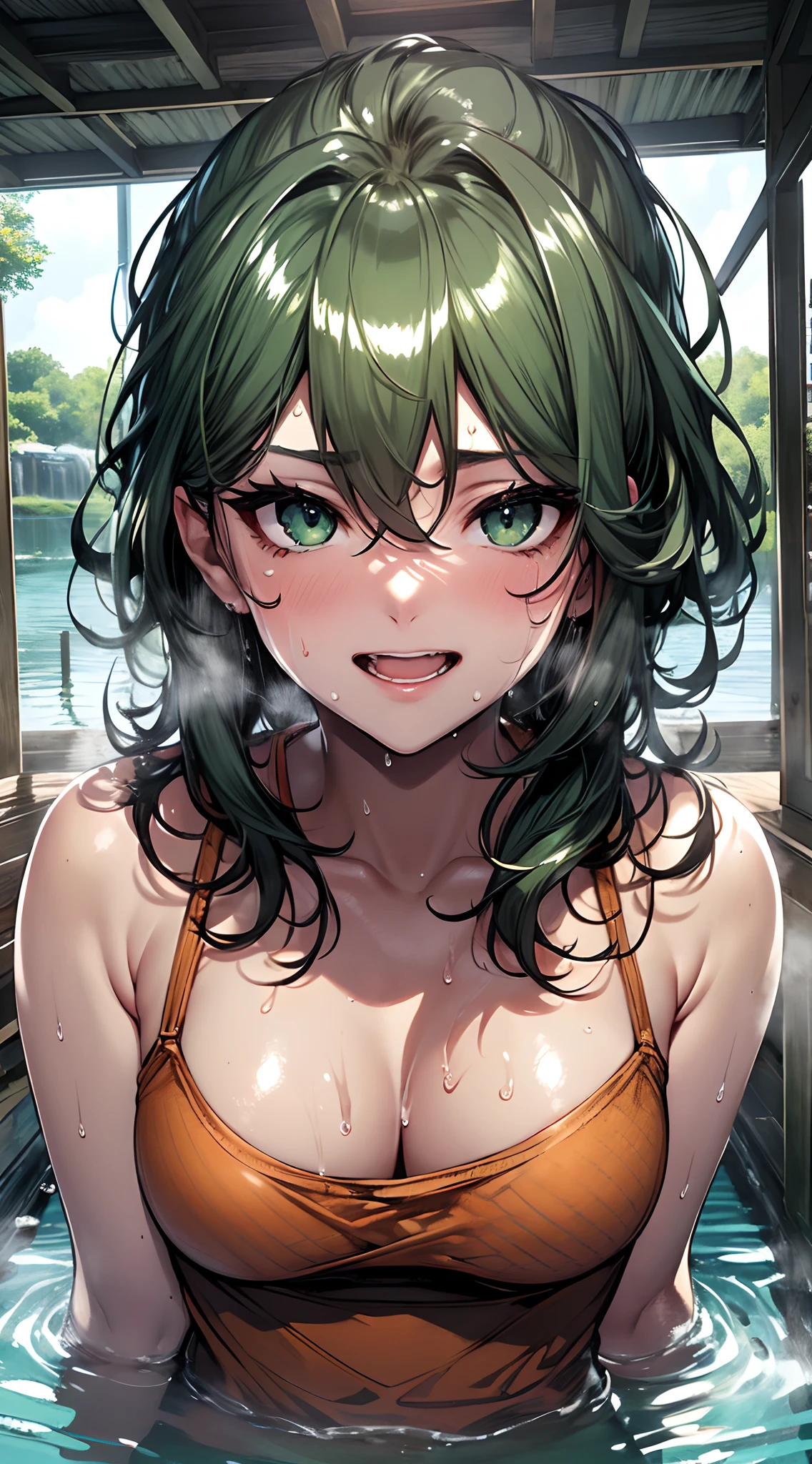 top-quality、supreme1People Girls,hightquality,A detailed face、A detailed eye、Detailed nose、Detailed mouth、 beautiful expression, ((masuter piece)), ((High resolution)), ((Best Quality)), detail, (NSFW:1.1 ,cum faced、Excited face.Very happy,), ((Skin shiny with sweat:1.4)), (Green underwear:1.2)、 girl with, A dark-haired, (shorth hair)、Bathe in water:1.5、fair white skin:1.3、((Normal breasts:1)), cinmatic lighting, perfectly shaded,(((waterside))), bathe、Realistic lighting with shades