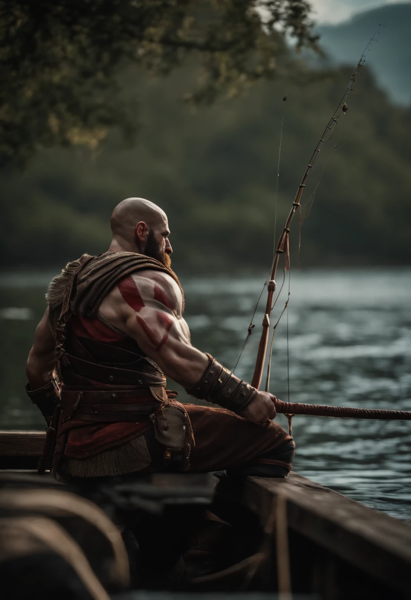 Kratos taking a fishing vacation (4k, realista, Charismatic, Muito detalhado, muito Capricho no pier