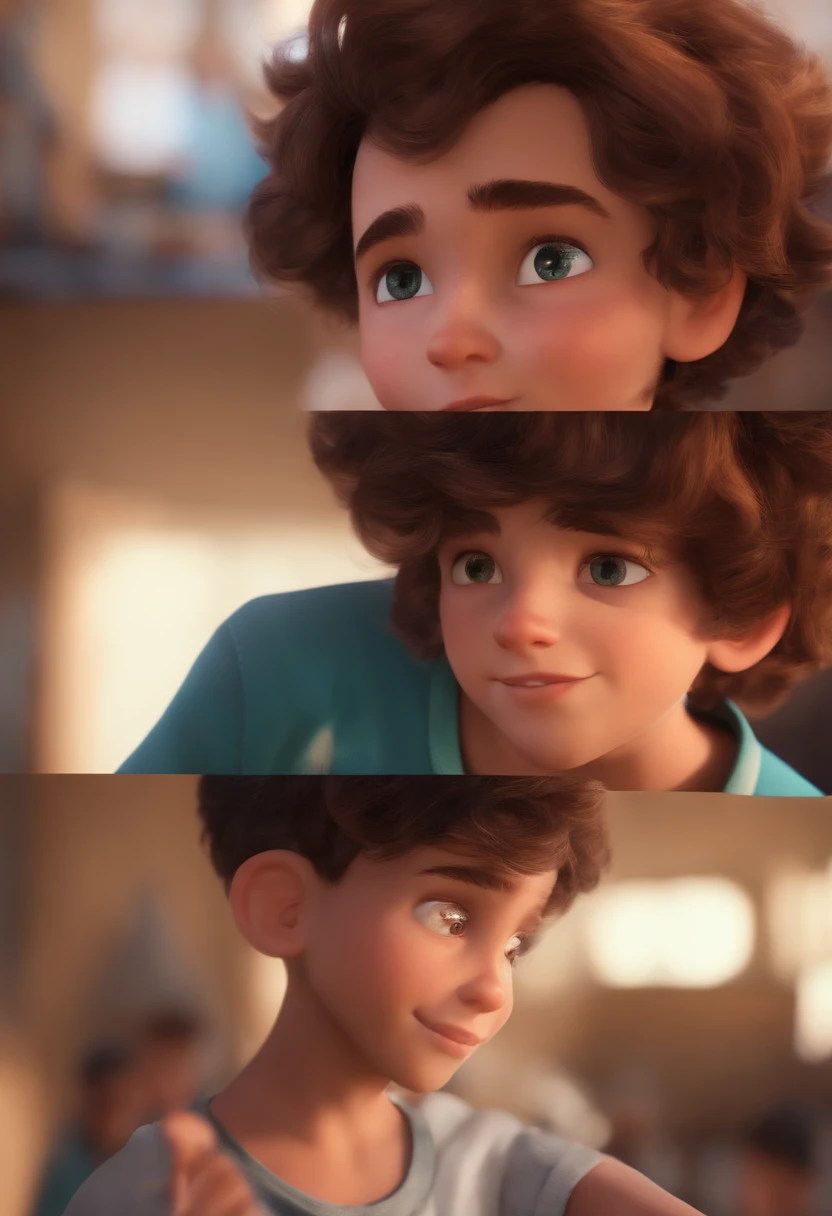 Image of a boy for a story in a YouTube video in Pixar format, He's the allabester, He's the class leader, He's outgoing, Playful and gets up for a lot of things, cabelo curto