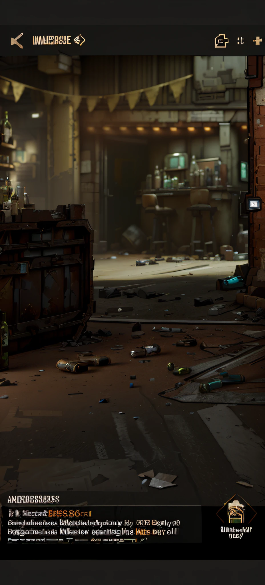 Shabby bar interior scene, Wine bottles and some clutter on the ground, Detailed textures and lighting, a screenshot of a rusty, borderlands 4k render, discarded mechsuit in background, A story from the Borderlands, intricately details. illusory engine, rendered in unreal engine 3, scattered props, detailed cinematic shot, loot box, borderlands 3