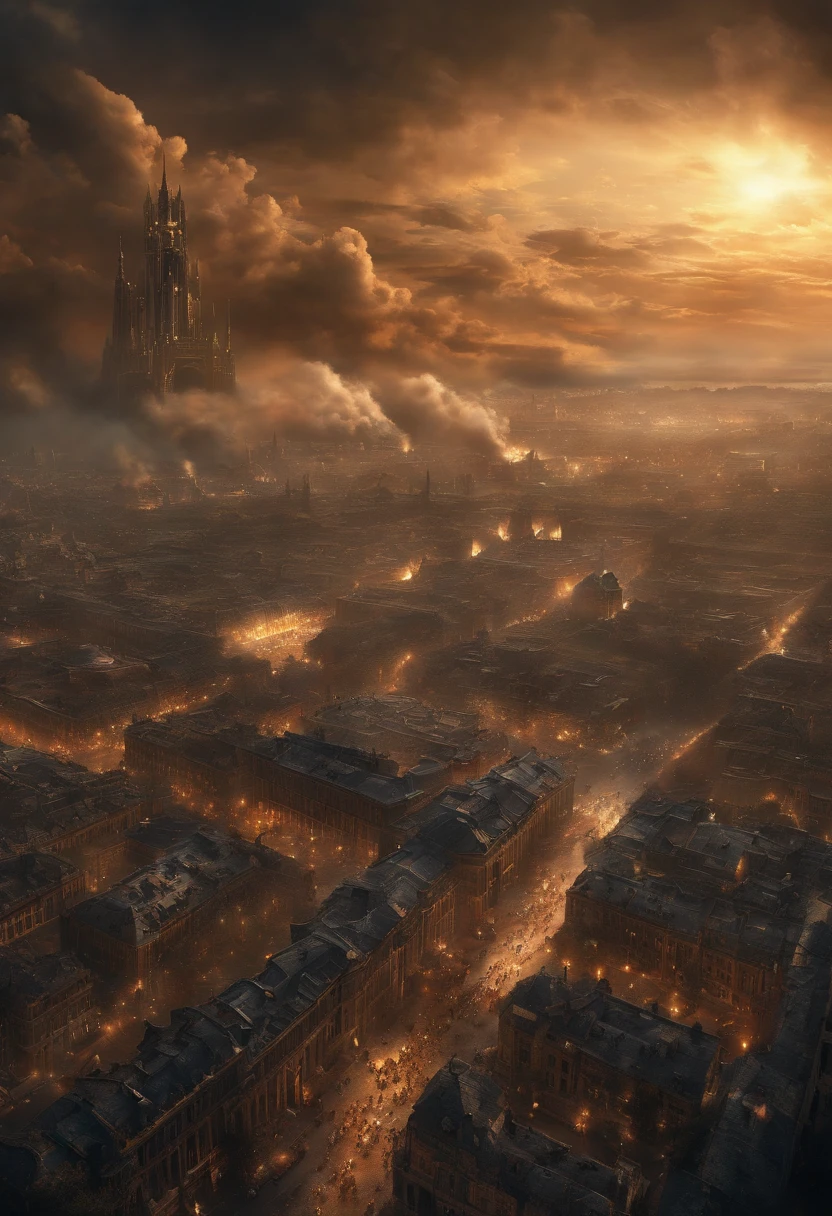 a battle between humans & AI over a millennia with gruesome detail in a major city (masterpiece, top quality, best quality, official art, horrific and aesthetic:1.2), (war), extreme detailed,(fractal art:1.3), highest detailed