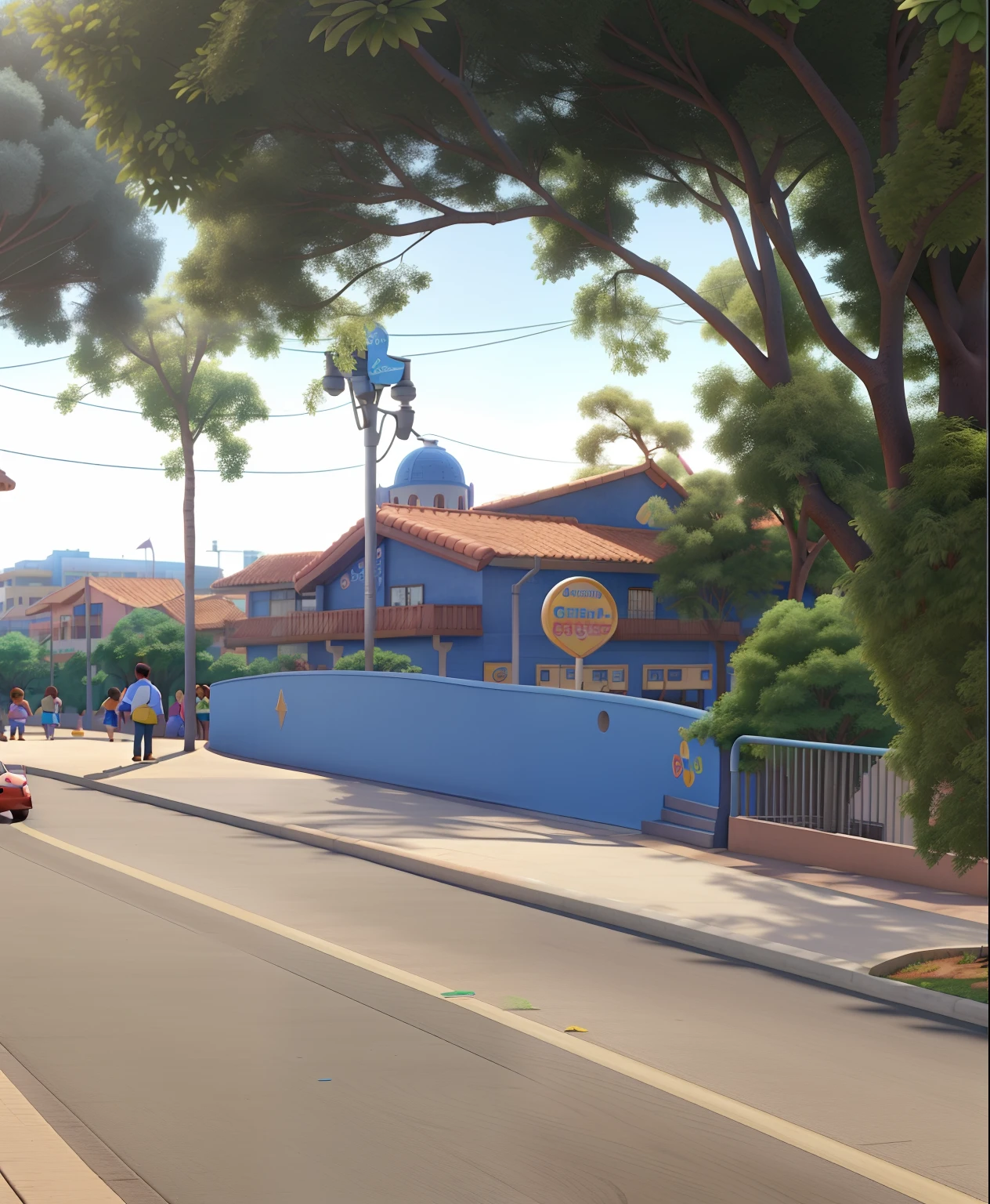 A in the background a school named CEI Doce Lar in a Disney Pixar-style city, alta qualidade, melhor qualidade, kids playing