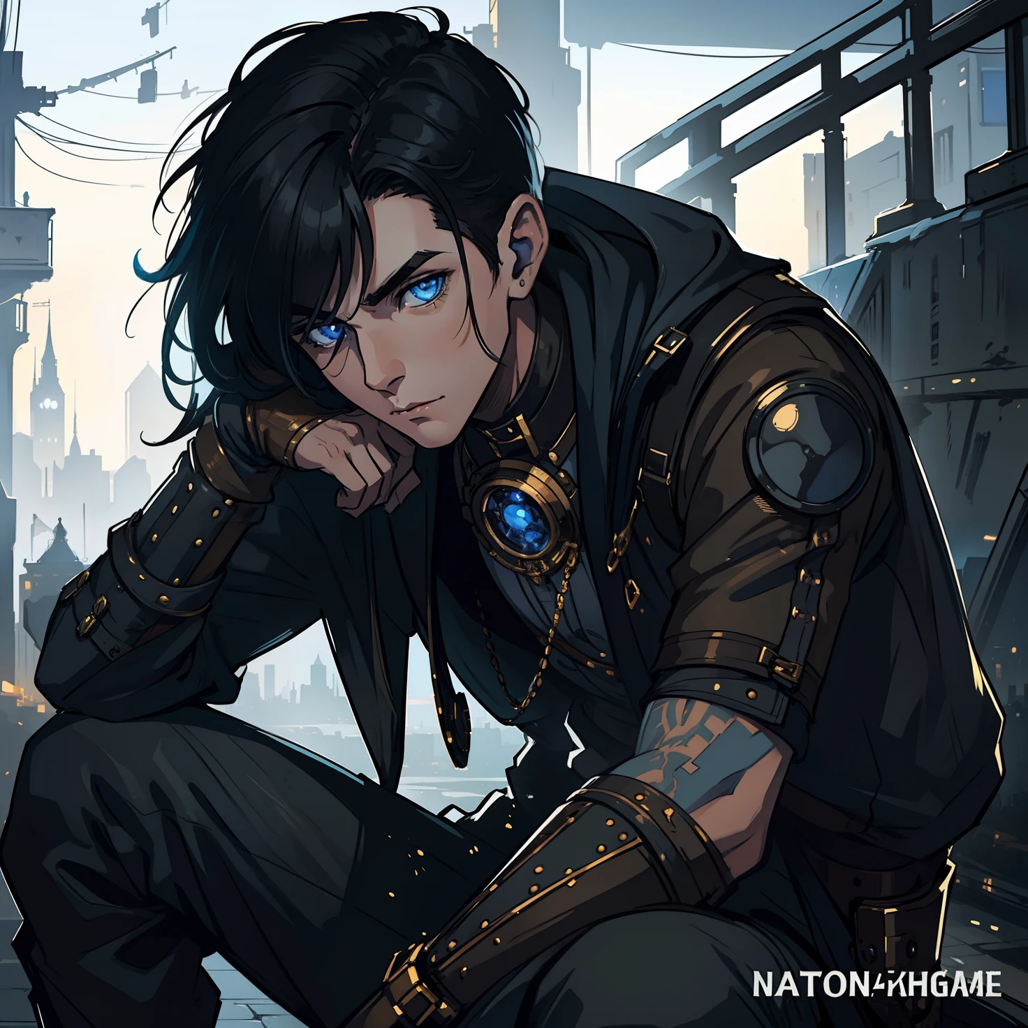 1 Gorgeous White-skinned Man Blue Eyes Steampunk Tattuagens Black Hair On The Side An art for an RPG A non-human night background of the city ((Very detailed strokes))