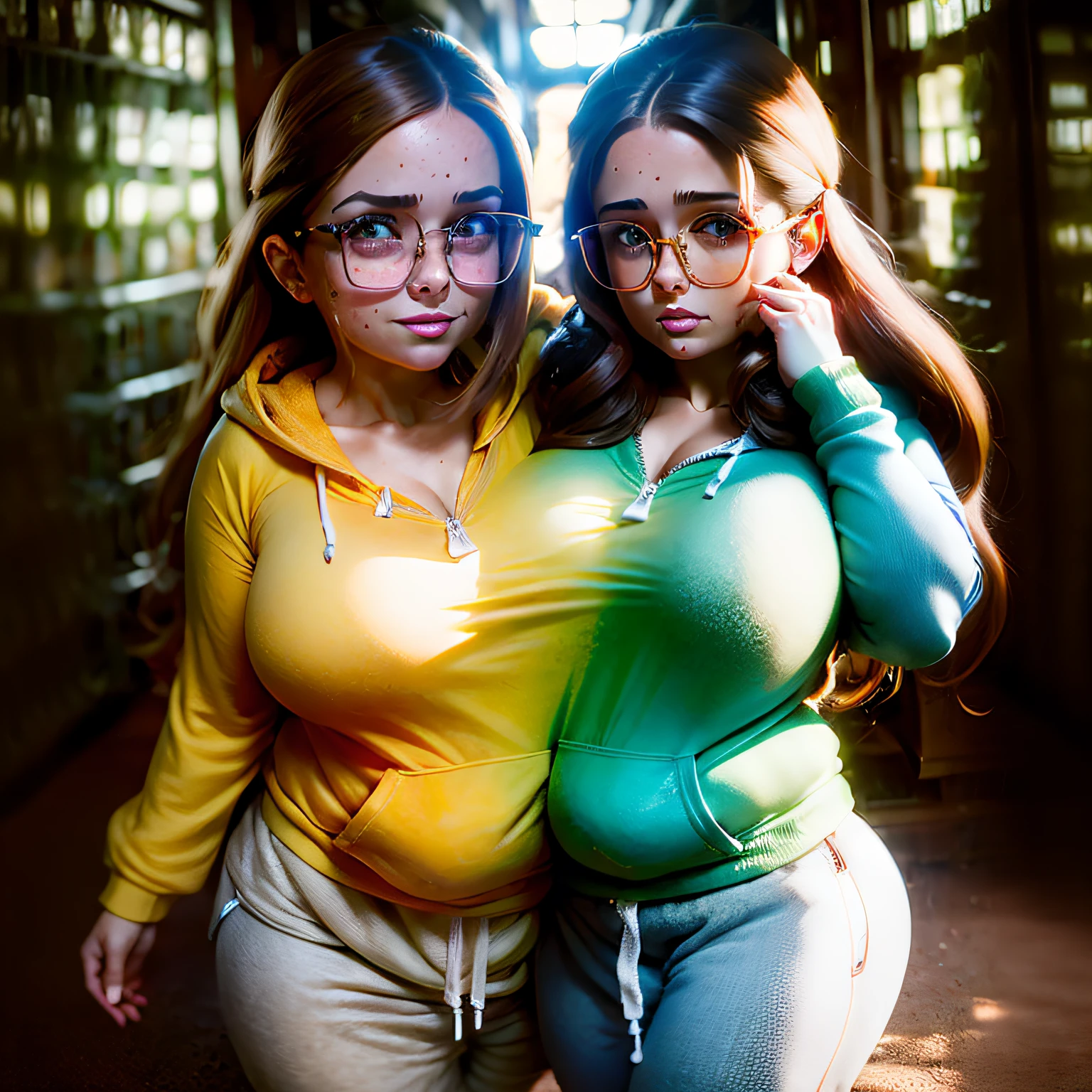 conjoined, 2 Girls, brunette woman, running, hoody, sweatpants, exteriors, sweats, Tired, sneakers wearing glasses, long brown hair, cute, freckles, chubby, visible curves((two heads, 2 heads):1.4)