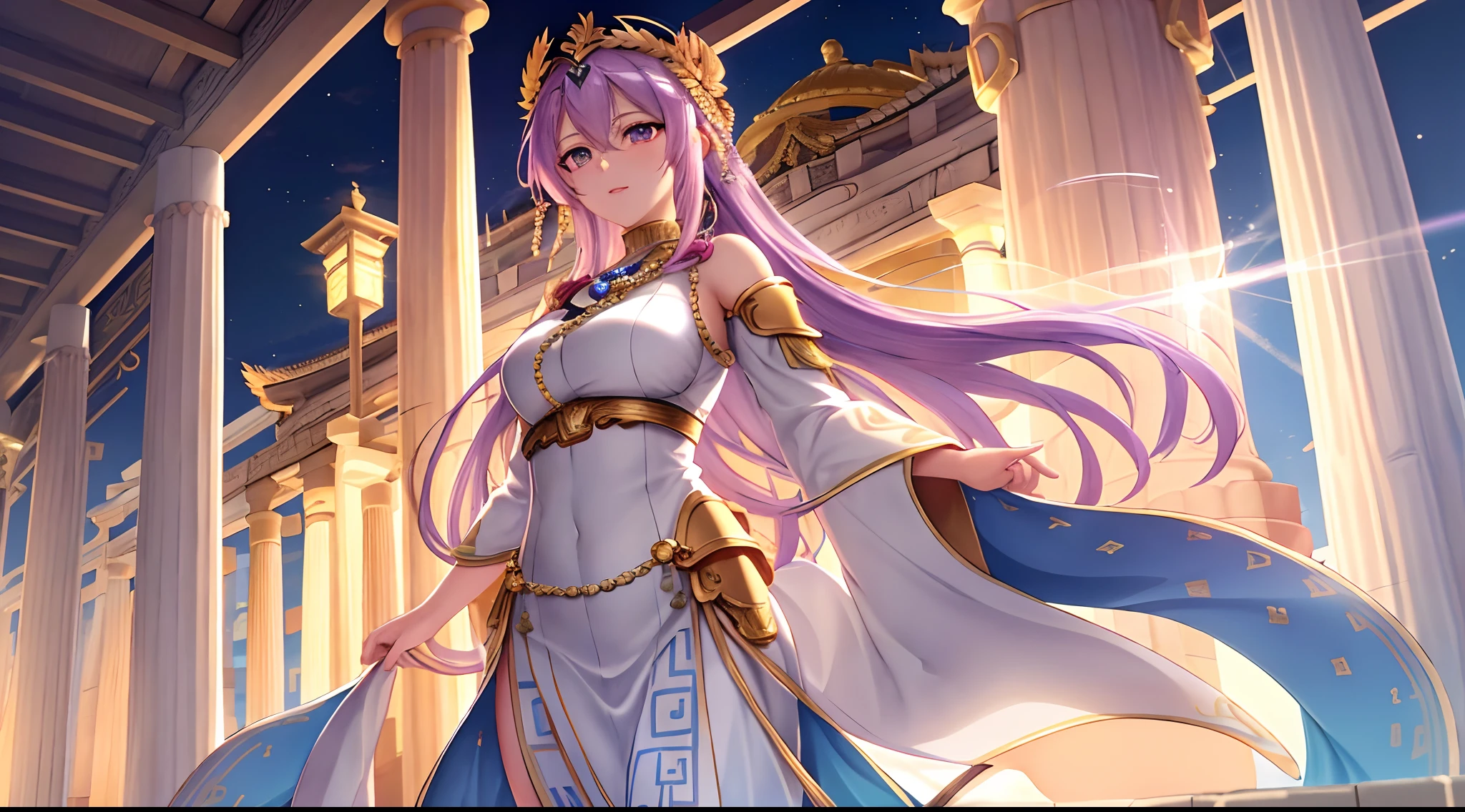 Athena with plain long light purple hair,hair between eyes,green eyes,rosy cheeks,full lips,thin eyebrows,slender body,wearing golden goddess robe and full long skirt,praying beads on neck,cute anime girl,full body,athens temple bathhouse in background,anime style,Lumen Reflections,Screen Space Reflections,Diffraction Grading,Chromatic Aberration,GB Displacement,Scan Lines,Ray Traced,Anti-Aliasing,FXAA,TXAA,RTX,SSAO,Shaders,OpenGL-Shaders, GLSL-Shaders,Post Processing,Post-Production,cell Shading,Tone Mapping,CGI,VFX,SFX,insanely detailed and intricate, 4K,standing, solo, masterpiece, best quality, detailed face, detailed eyes, highres, standing, solo,masterpiece, best quality