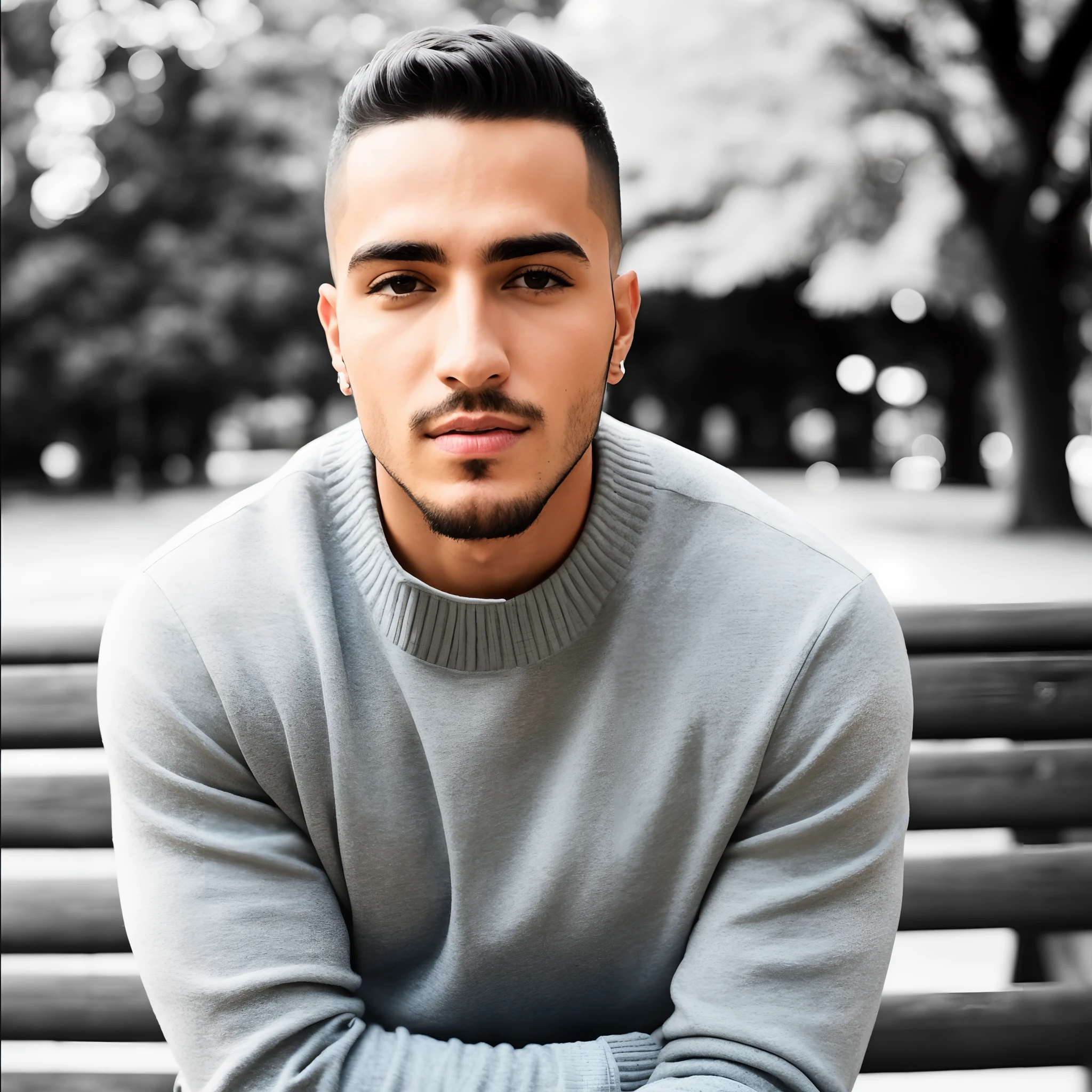 Homem sentado em um banco em um parque com uma foto em preto e branco, Cantor Maluma, foto de perfil headshot, Condutor de Ene, retrato de alta qualidade, homem bonito, Retrato no meio da foto, Retrato de um jovem italiano masculino, attractive and good looking, Macho bonito, inspirado por Alexander Fedosav, imagem retrato, Nico Delort, Alex, homem atraente