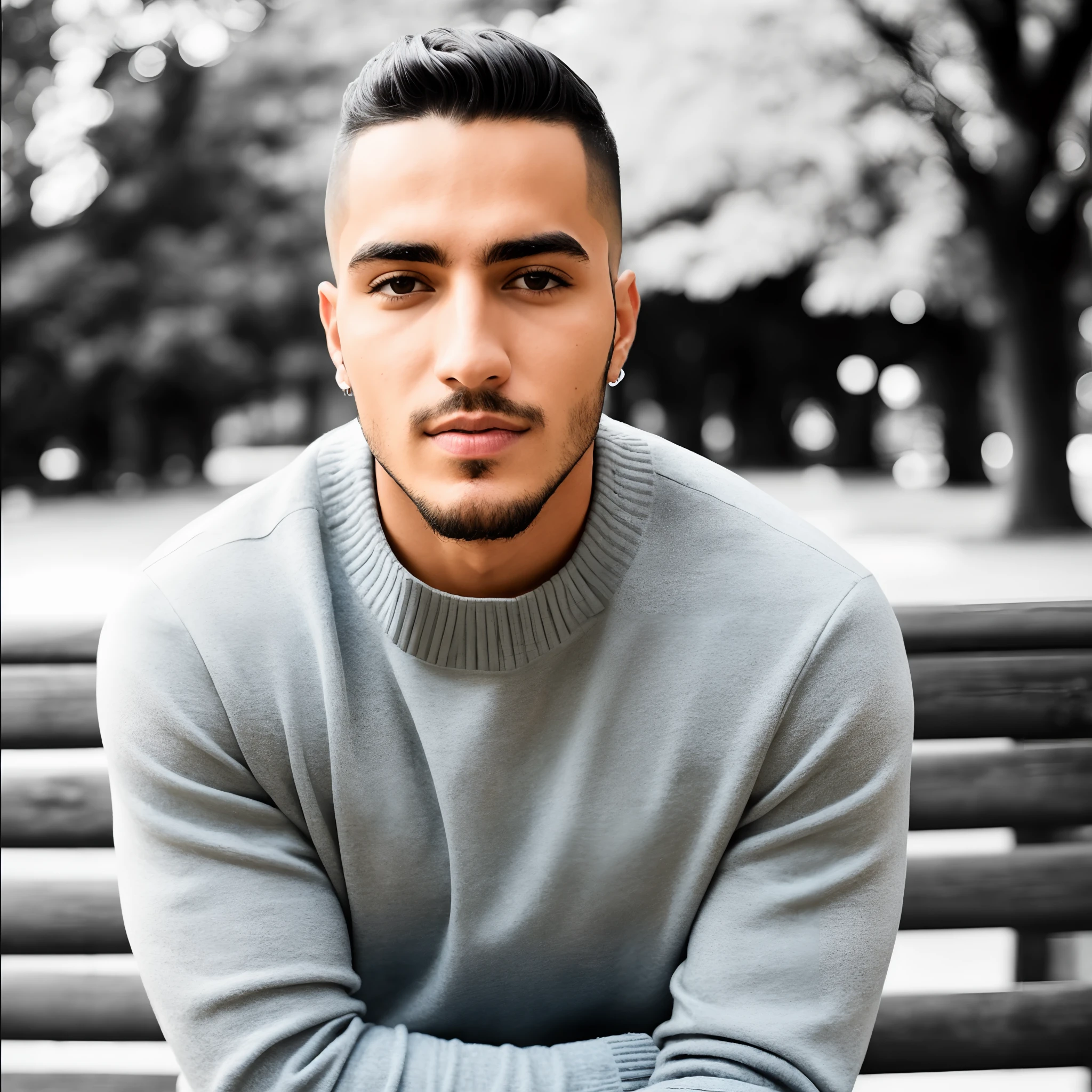 Homem sentado em um banco em um parque com uma foto em preto e branco, Cantor Maluma, foto de perfil headshot, Condutor de Ene, retrato de alta qualidade, homem bonito, Retrato no meio da foto, Retrato de um jovem italiano masculino, attractive and good looking, Macho bonito, inspirado por Alexander Fedosav, imagem retrato, Nico Delort, Alex, homem atraente