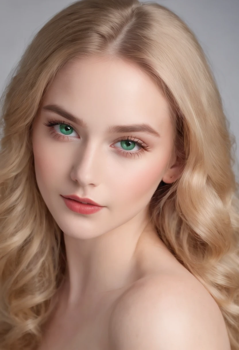 Beautiful  girl, Long wavy golden blonde hair, Emerald green eyes, Expressive eyebrows, Long jet-black eyelashes, Almost shaped eyes, aquiline nose, Rose red lips, Diamond-Shaped Face, an hourglass figure, Sculpted shoulders and neck, long, sinuous limbs,, Sculpt backs and curves, flawless skin. Big TitsNSFWnaked