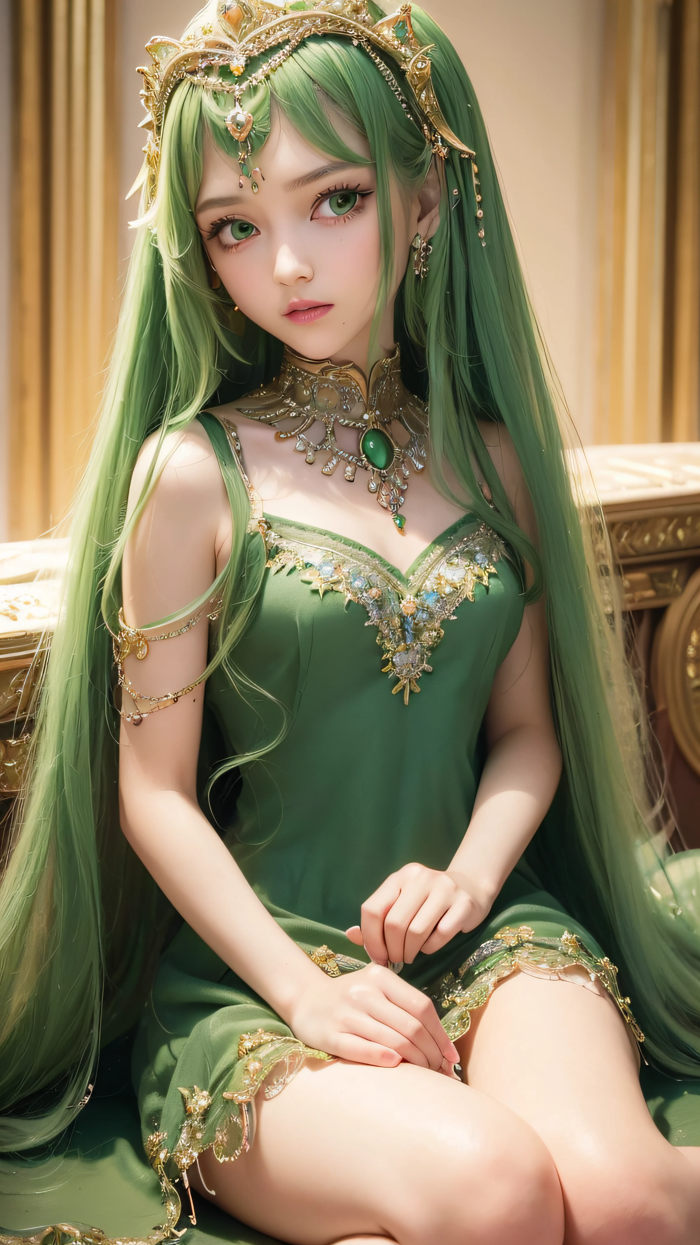 4K ulta hd, masterpiece, 1 girl, good face, very long hair, hair ornament, light makeup, detailed eyes, small round breast, ultra detailed clothes,  (green princess dress:1.5), lace:1.5, (shining dress:1.8), strap dress, necklace, jewellery, amazing night background, sitting,