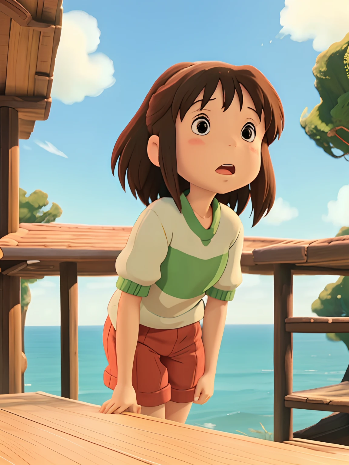 Based on this photo, a girl with a Ghibli taste　The background is the sea