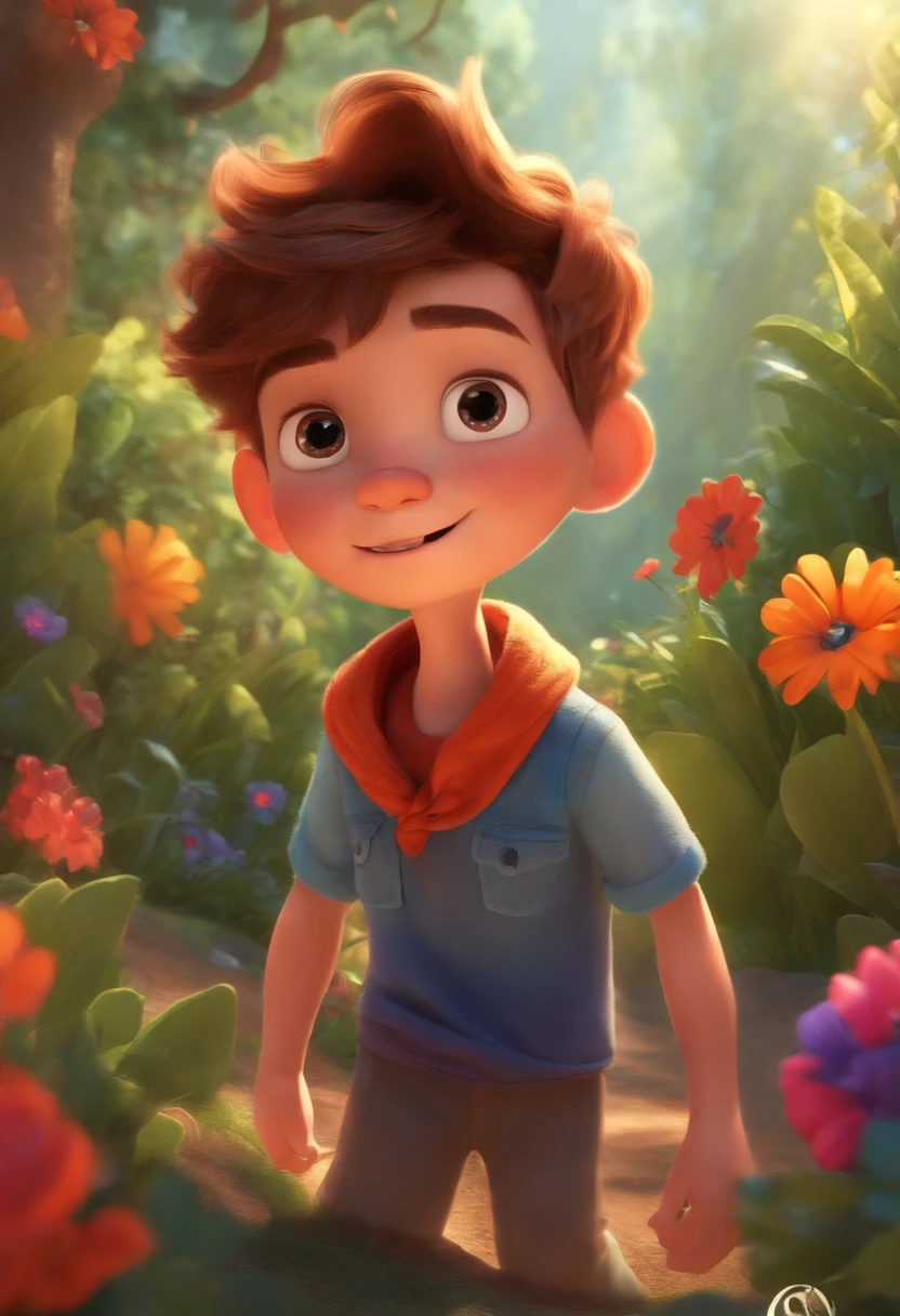 (best quality,highres,masterpiece:1.2),ultra-detailed,realistic:1.37,teen boy with medium hair and earrings,expressive eyes and lips,16-year-old boy with a slim and slightly curly face,medium wavy and curly hair,brunette hair color,garden scene with lush greenery and colorful flowers,strands of hair gently blowing in the breeze,soft sunlight casting a warm glow on the boy's face,comfortably leaning against a tree trunk,stylish and trendy outfit that reflects his personality and age,relaxed and confident posture,catching a glimpse of a beautiful butterfly dancing around him,vivid and vibrant colors adding depth and energy to the scene,fine brushwork and rich texture adding a touch of artistic flair to the portrait.