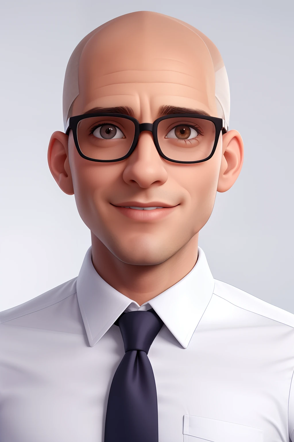 Um homem de 30 anos, careca,face de diamante, olhar rigoroso, e olhos castanhos, Wearing white white shirt with tie and glasses.