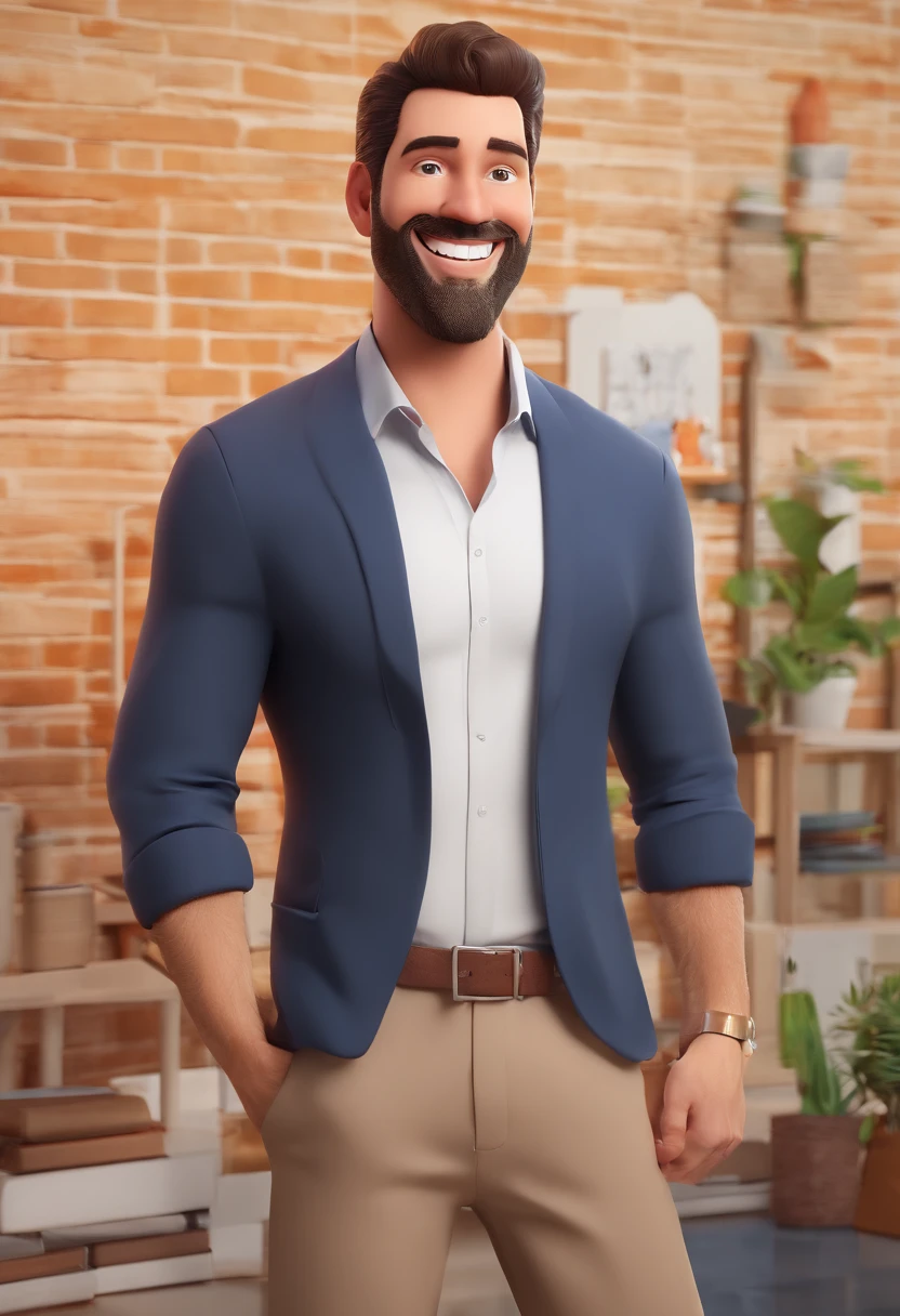 Smiling Man Illustration, sorriso insano, Homem de pele marrom com um sorriso gigante, happily smiling at the camera, sorriso atrevido, he's smiling, sorriso muito grande, Macho sorridente, foto de perfil headshot, rindo sorriso enorme, desenhando no estilo de Arte 3D, c4d, fundo de cor branco puro, estilo disney, estilo pixar render ilustracao Super Detalhe, 8k