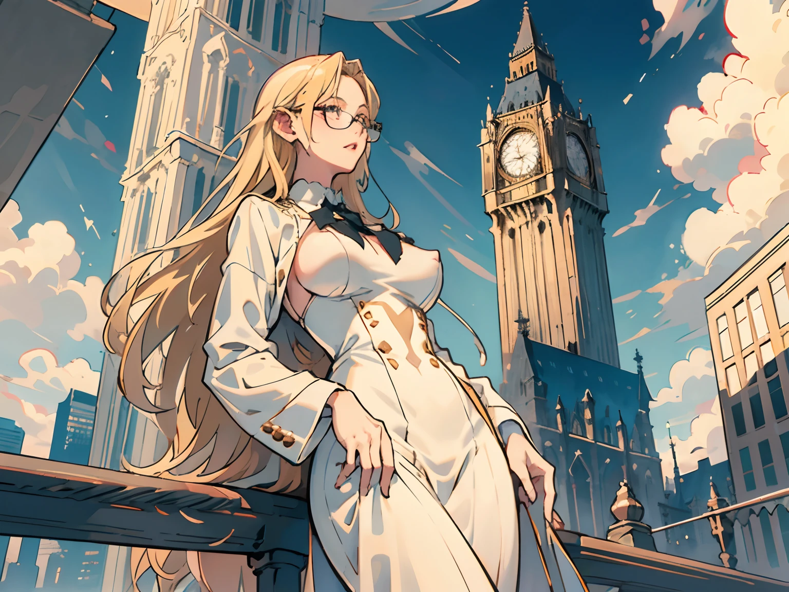 masterpiece, best detail ,(distinct_image), extreme  cg,
delicate beautiful woman, (large breast, blond hair,  glasses, dressing suit  ),looking looking up from intersection,
building, decollate skyscraper,  tower,  clock tower,  stacking,  skyline
