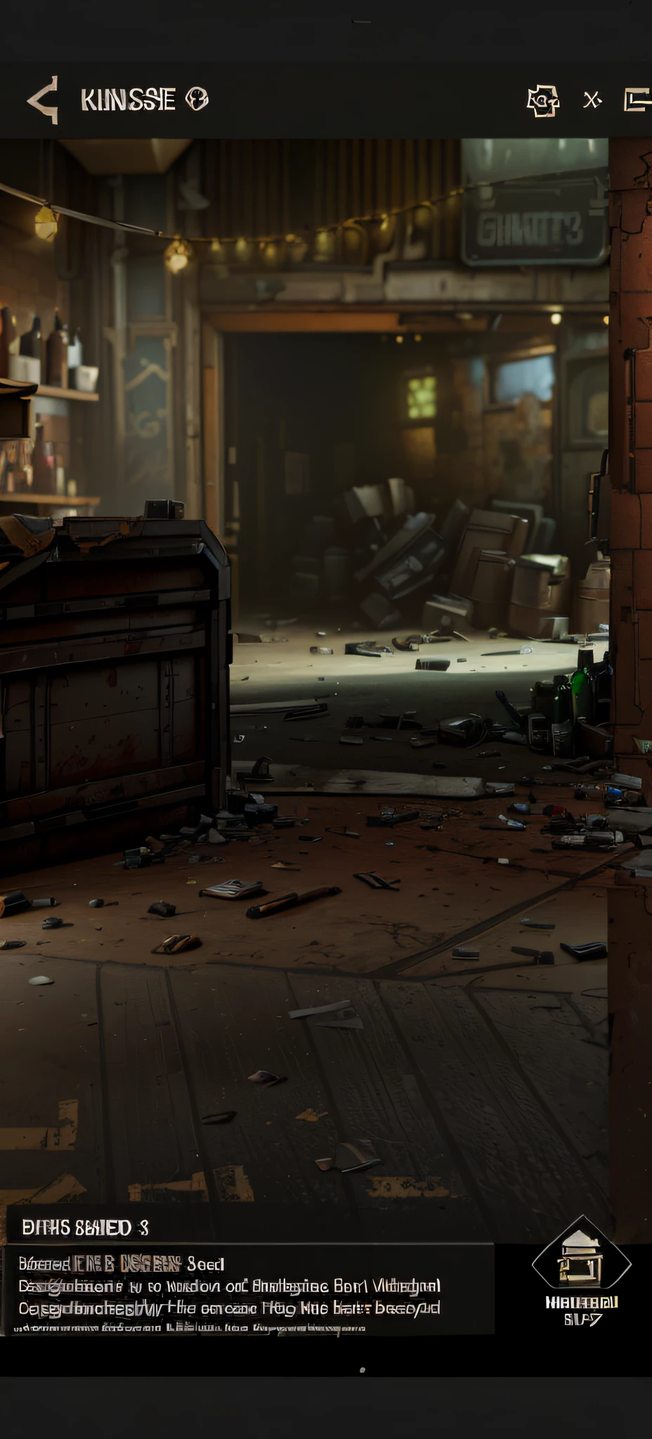 Shabby bar interior scene, Wine bottles and some clutter on the ground, Detailed textures and lighting, a screenshot of a rusty, borderlands 4k render, discarded mechsuit in background, A story from the Borderlands, intricately details. illusory engine, rendered in unreal engine 3, scattered props, detailed cinematic shot, loot box, borderlands 3