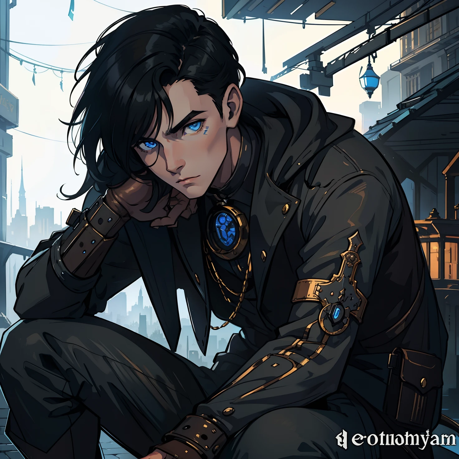 1 Gorgeous White-skinned Man Blue Eyes Steampunk Tattuagens Black Hair On The Side An art for an RPG A non-human night background of the city ((Very detailed strokes))